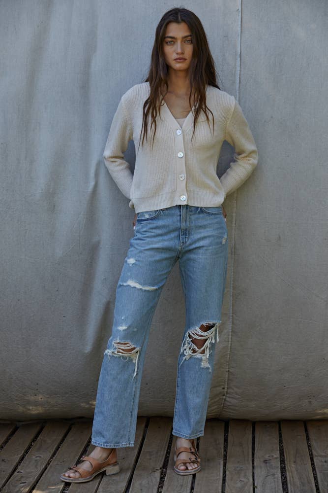 W1244 | Knit Cotton Acrylic V-Neck Long Sleeve Cardigan