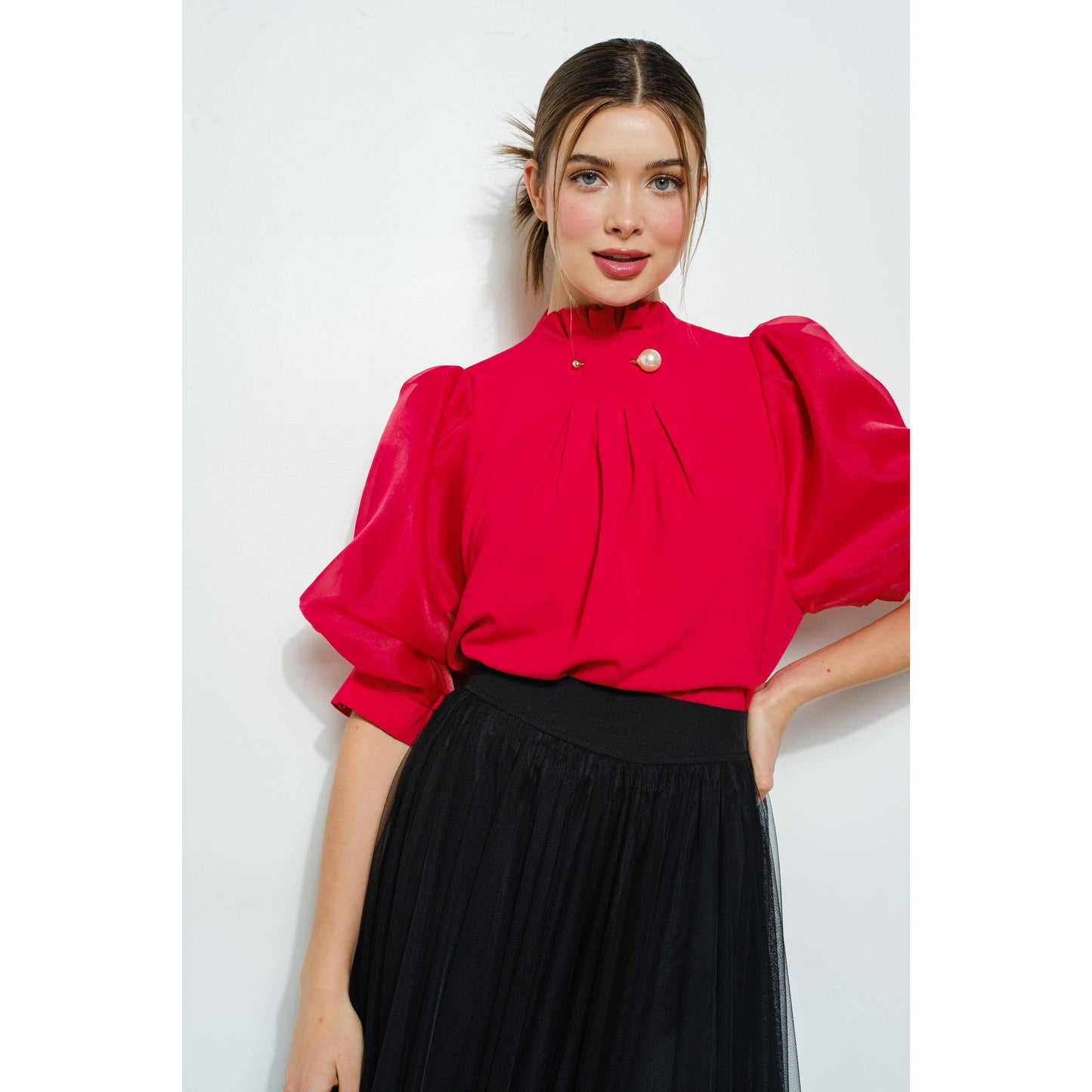 Pearl detail Sheer Puff Sleeve Pleated Blouse