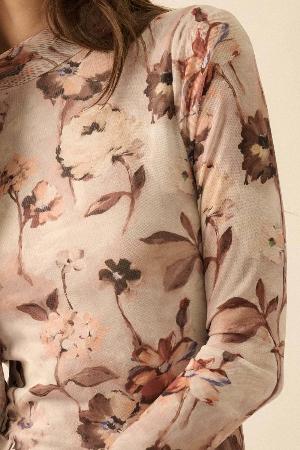 Floral-Print Mesh Mock-Neck Long-Sleeve Midi Dress