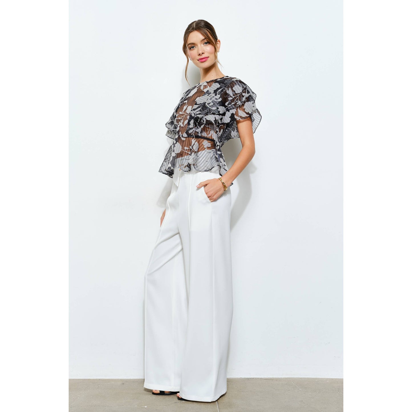 Sheer Floral Stripe Print Ruffle Blouse
