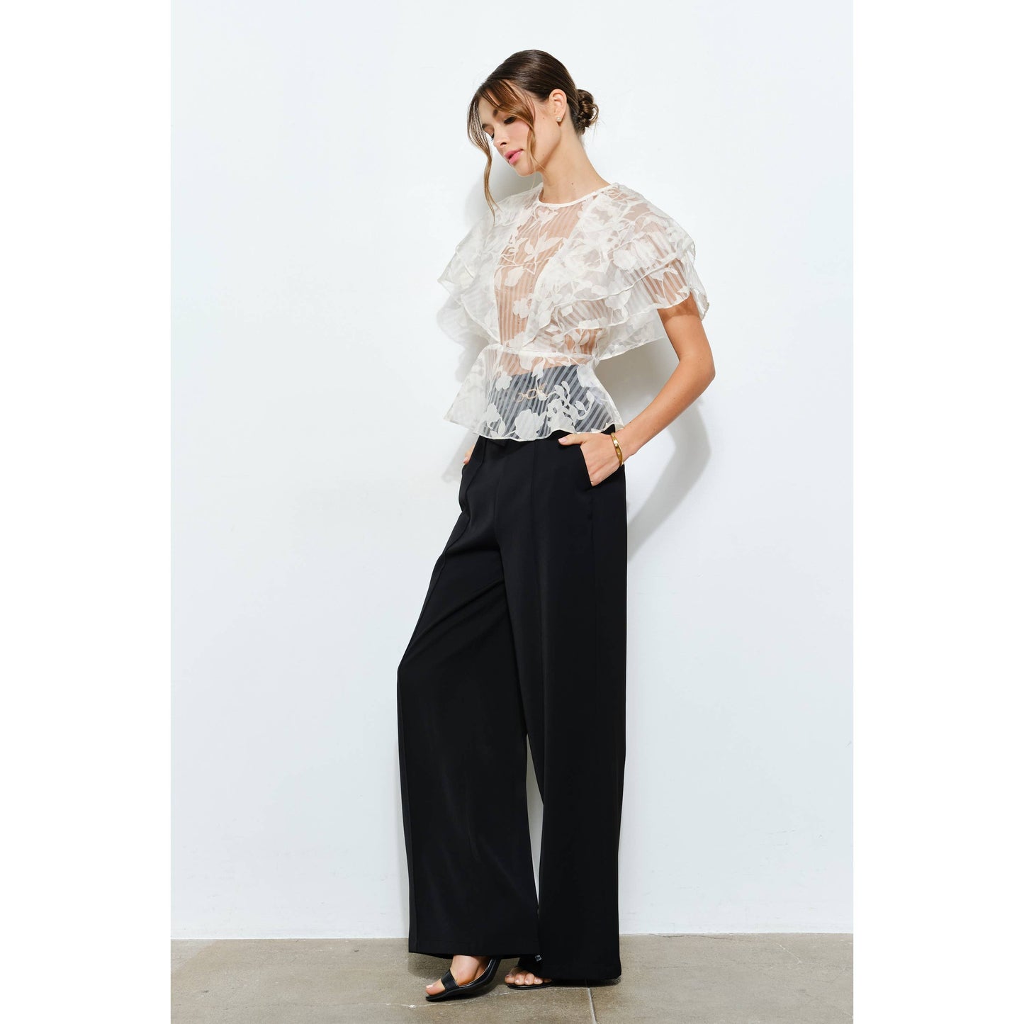 Sheer Floral Stripe Print Ruffle Blouse