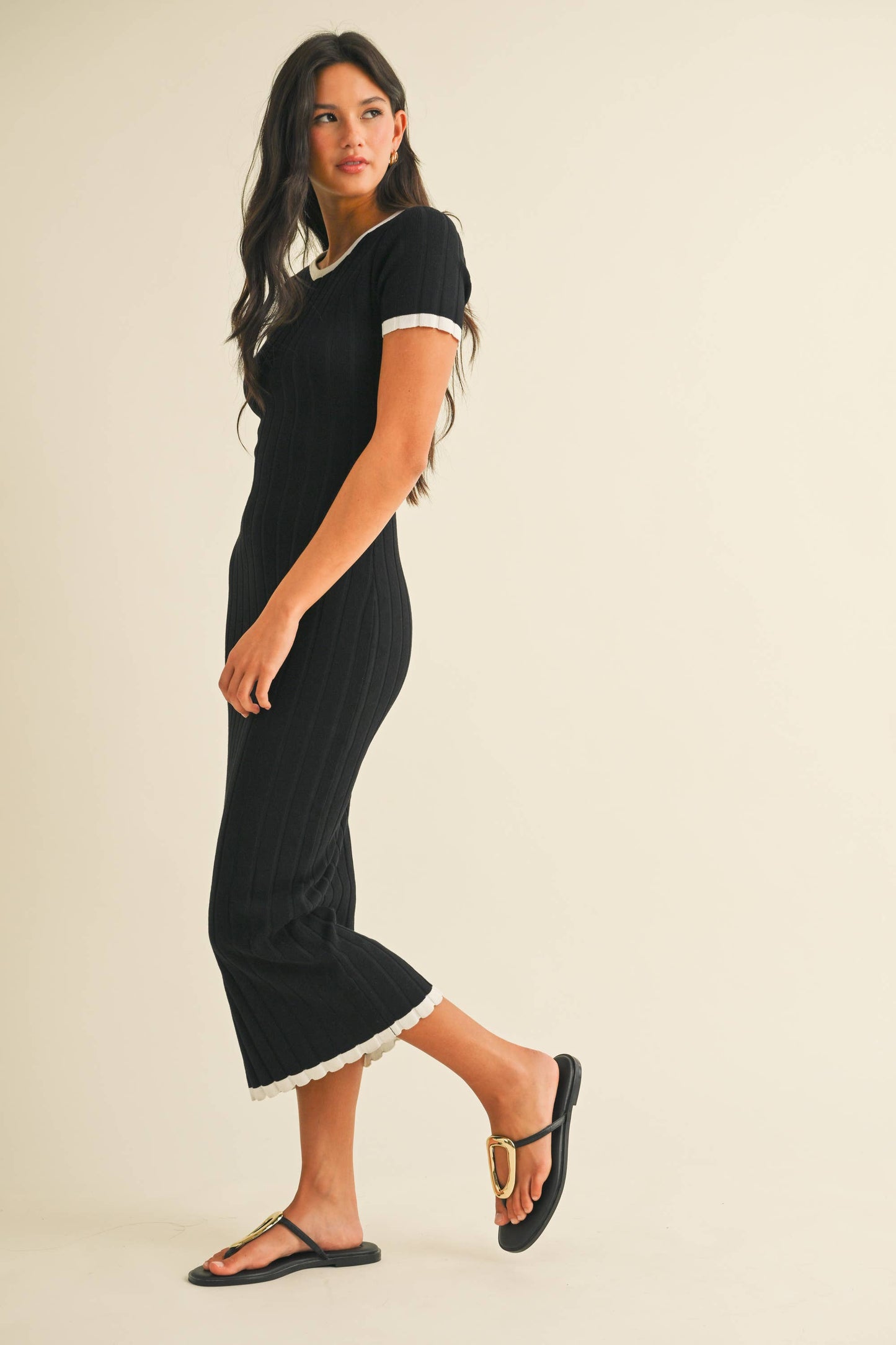 ID9143 SHORT SLEEVE SWEATER KNIT RIB MIDI DRESS
