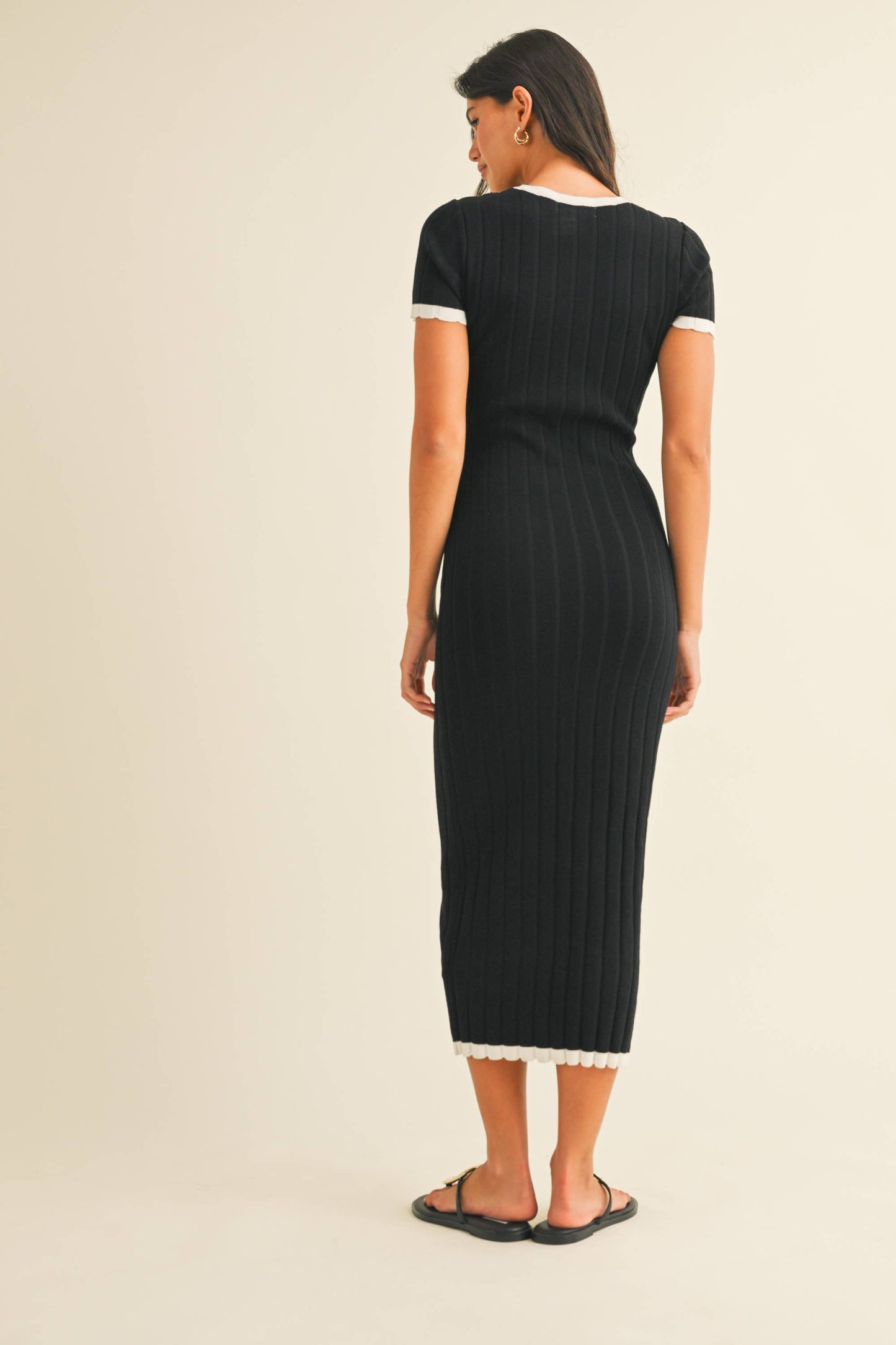 ID9143 SHORT SLEEVE SWEATER KNIT RIB MIDI DRESS