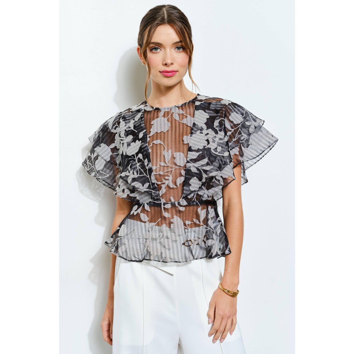 Sheer Floral Stripe Print Ruffle Blouse