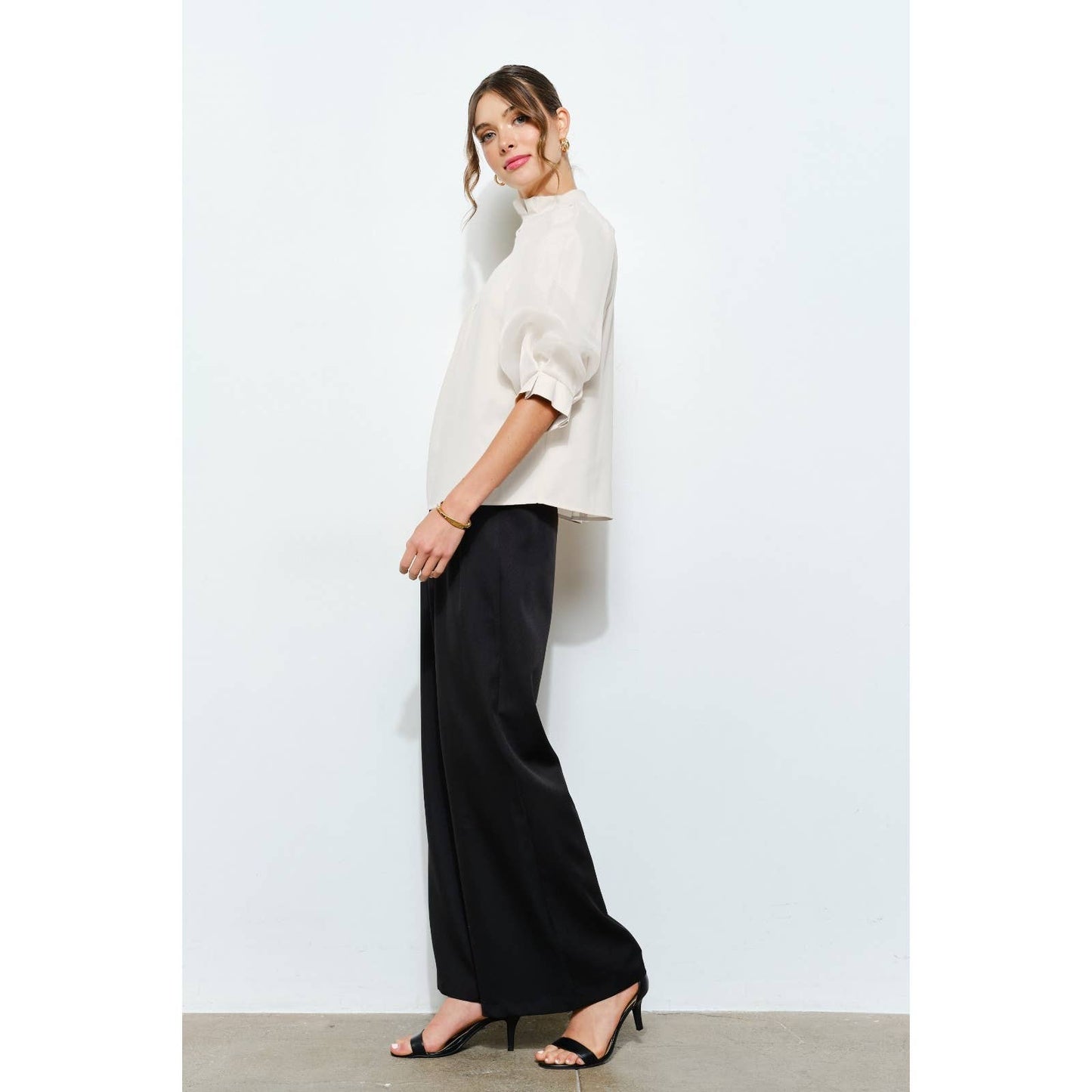 Pearl detail Sheer Puff Sleeve Pleated Blouse