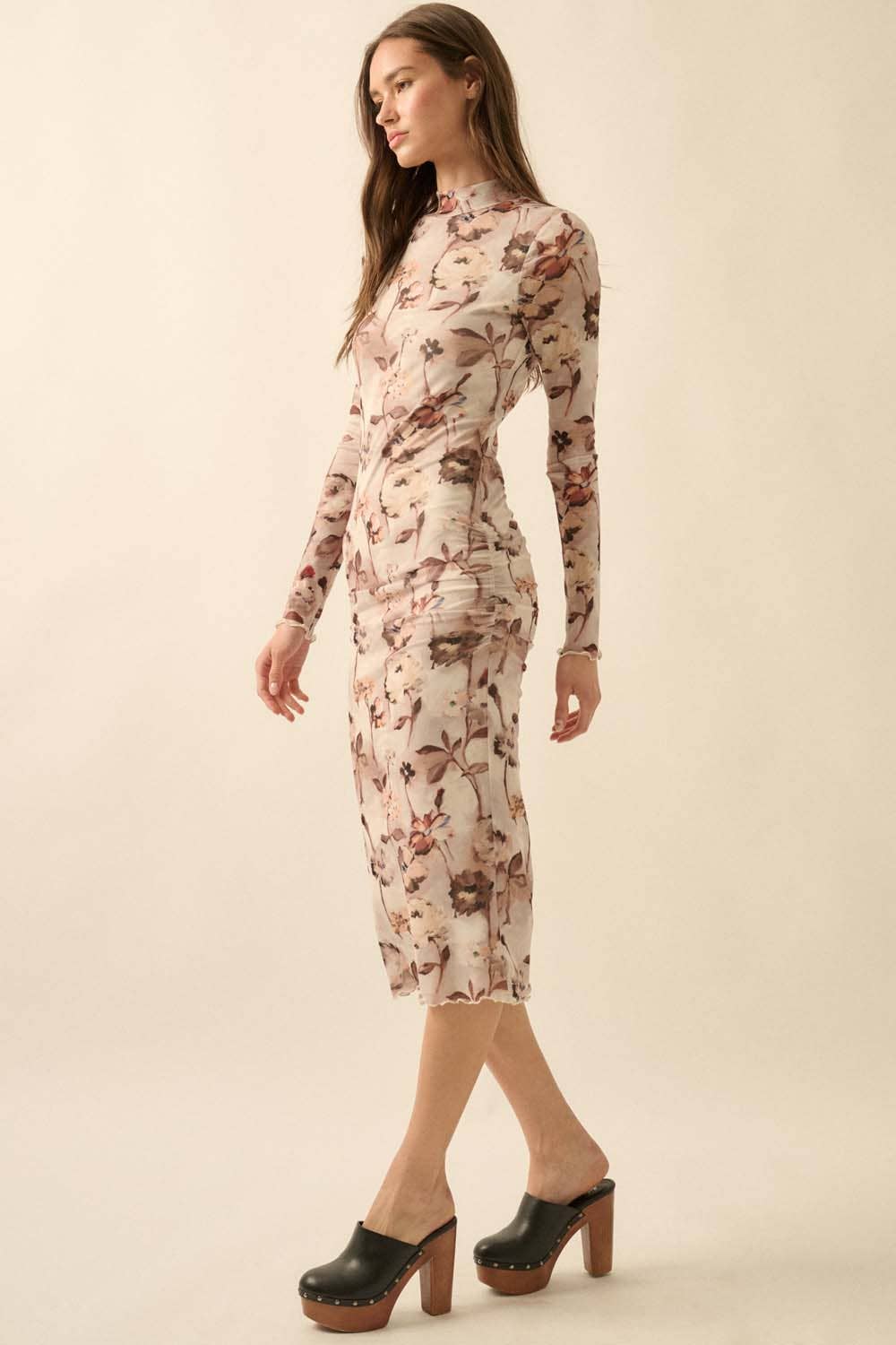 Floral-Print Mesh Mock-Neck Long-Sleeve Midi Dress