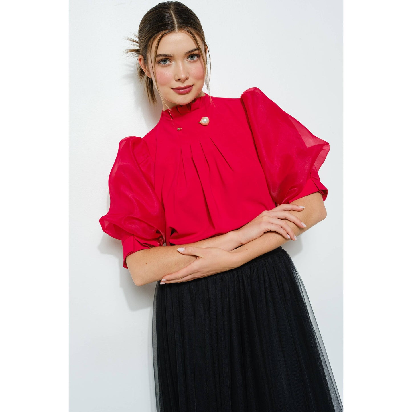 Pearl detail Sheer Puff Sleeve Pleated Blouse