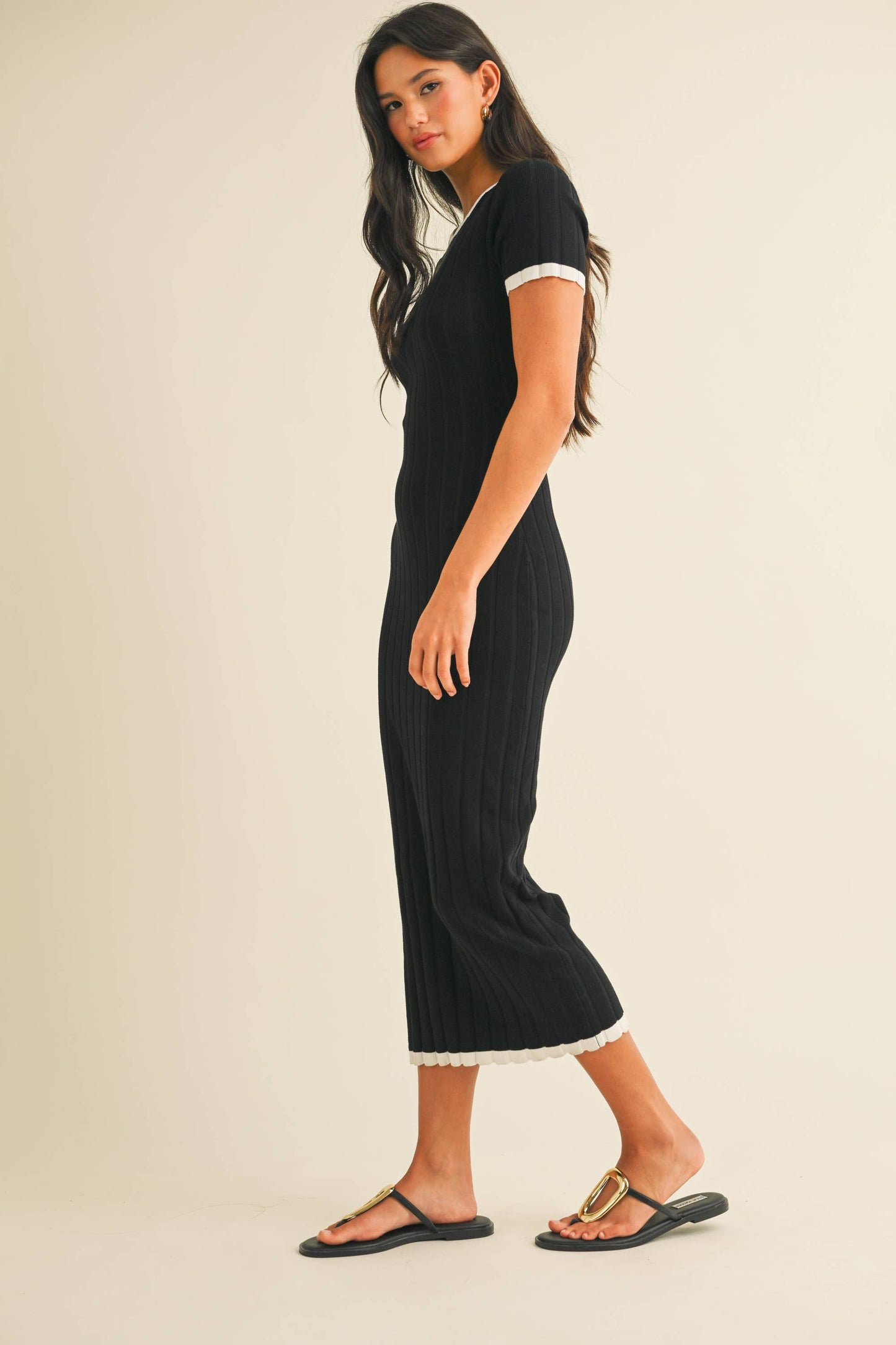 ID9143 SHORT SLEEVE SWEATER KNIT RIB MIDI DRESS