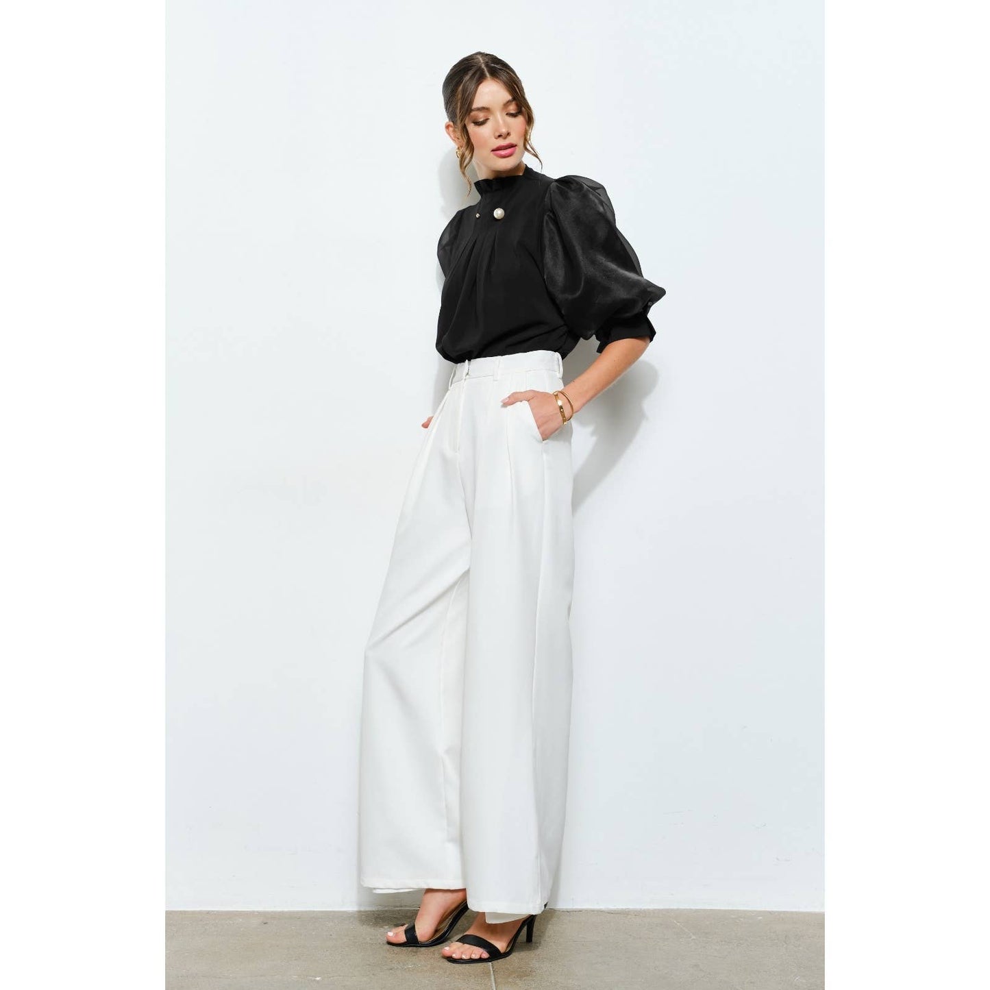 Pearl detail Sheer Puff Sleeve Pleated Blouse