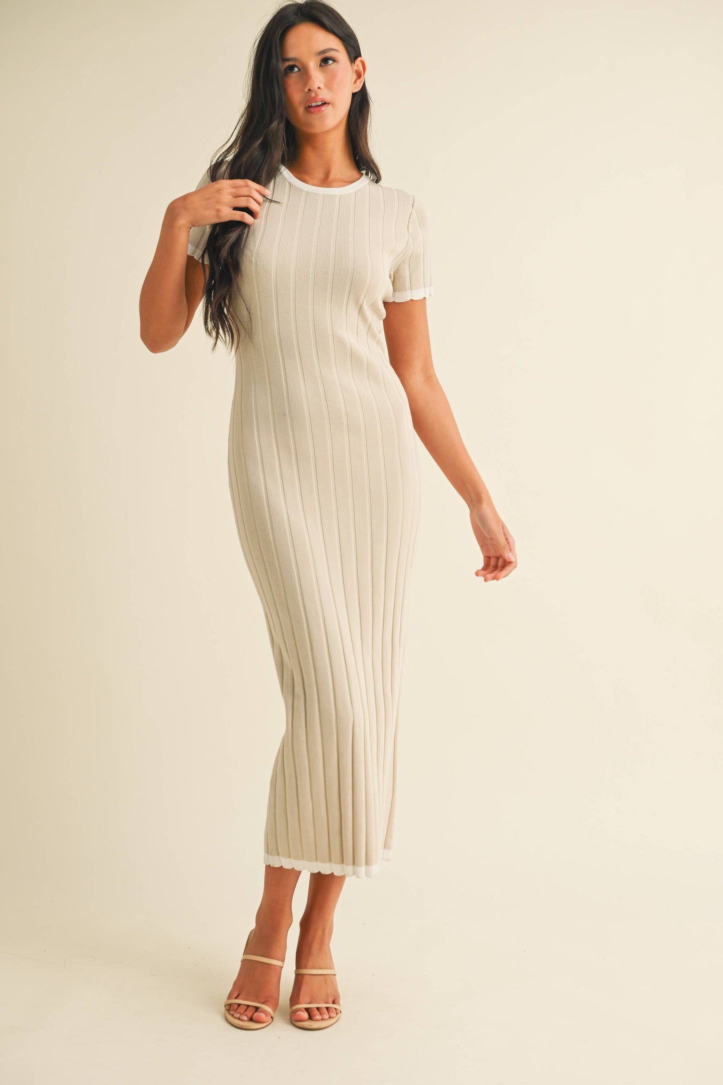 ID9143 SHORT SLEEVE SWEATER KNIT RIB MIDI DRESS