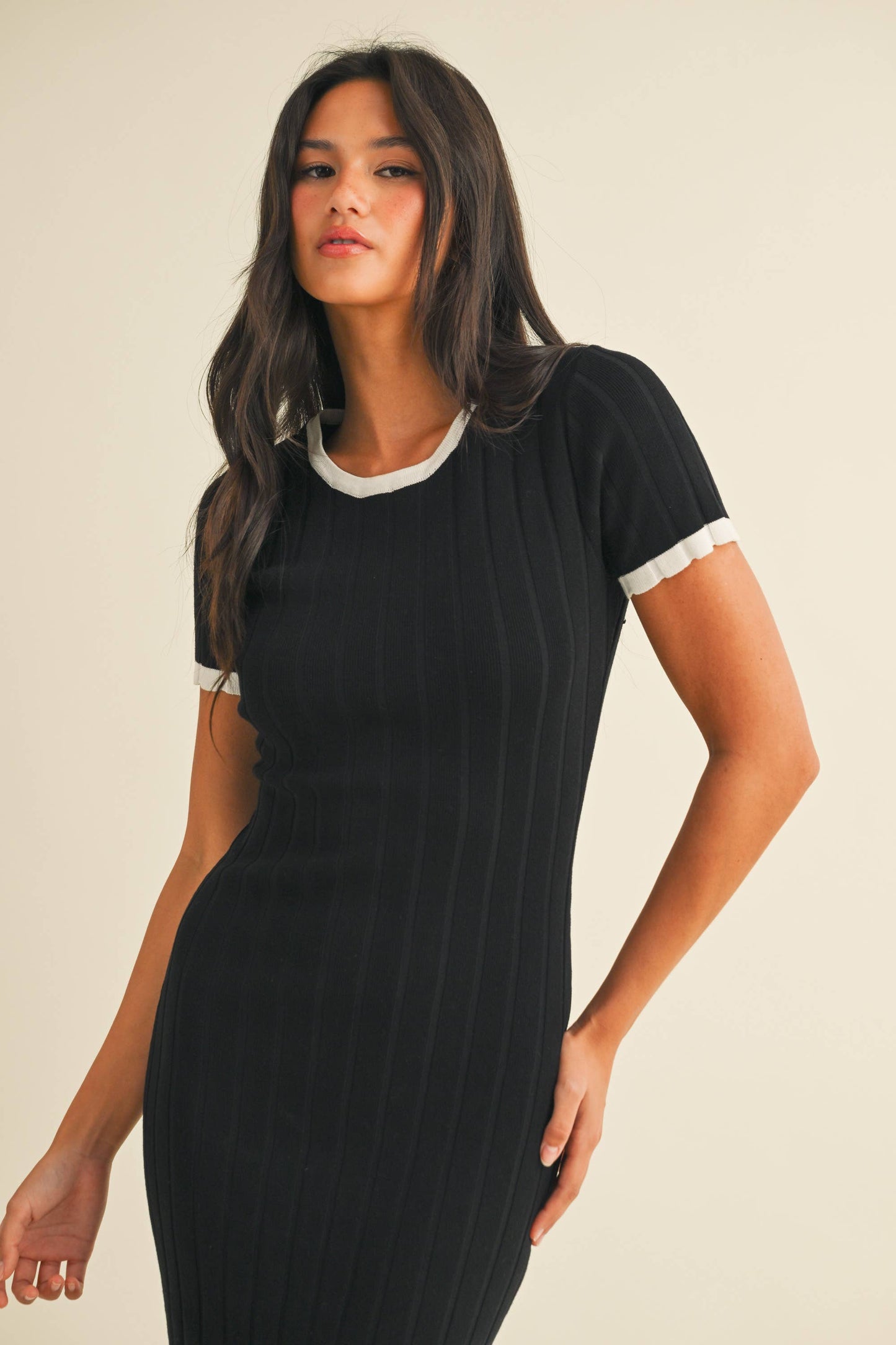 ID9143 SHORT SLEEVE SWEATER KNIT RIB MIDI DRESS