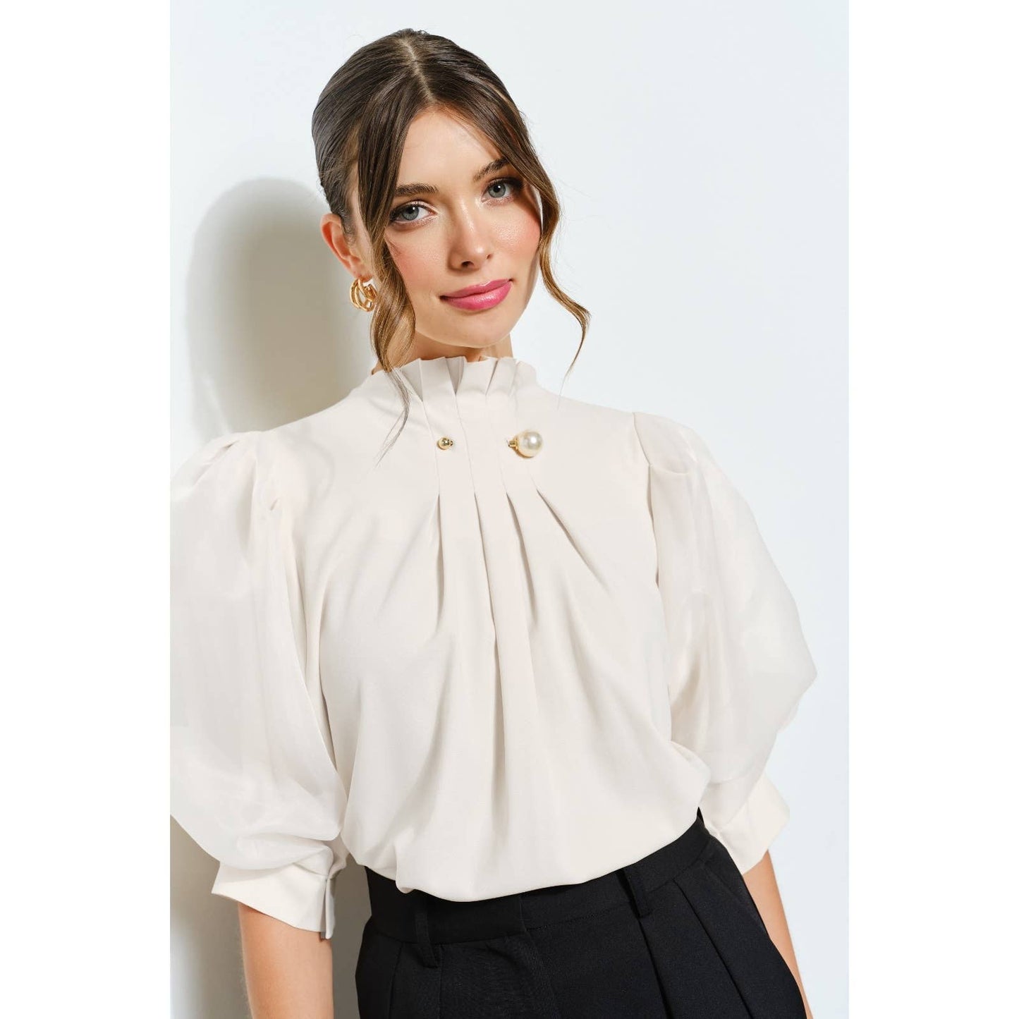Pearl detail Sheer Puff Sleeve Pleated Blouse
