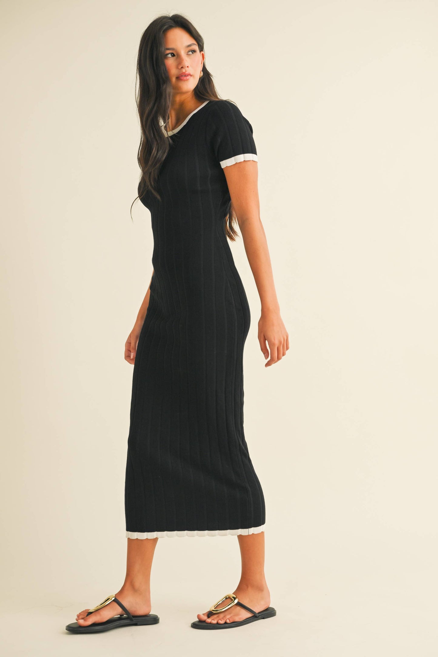 ID9143 SHORT SLEEVE SWEATER KNIT RIB MIDI DRESS