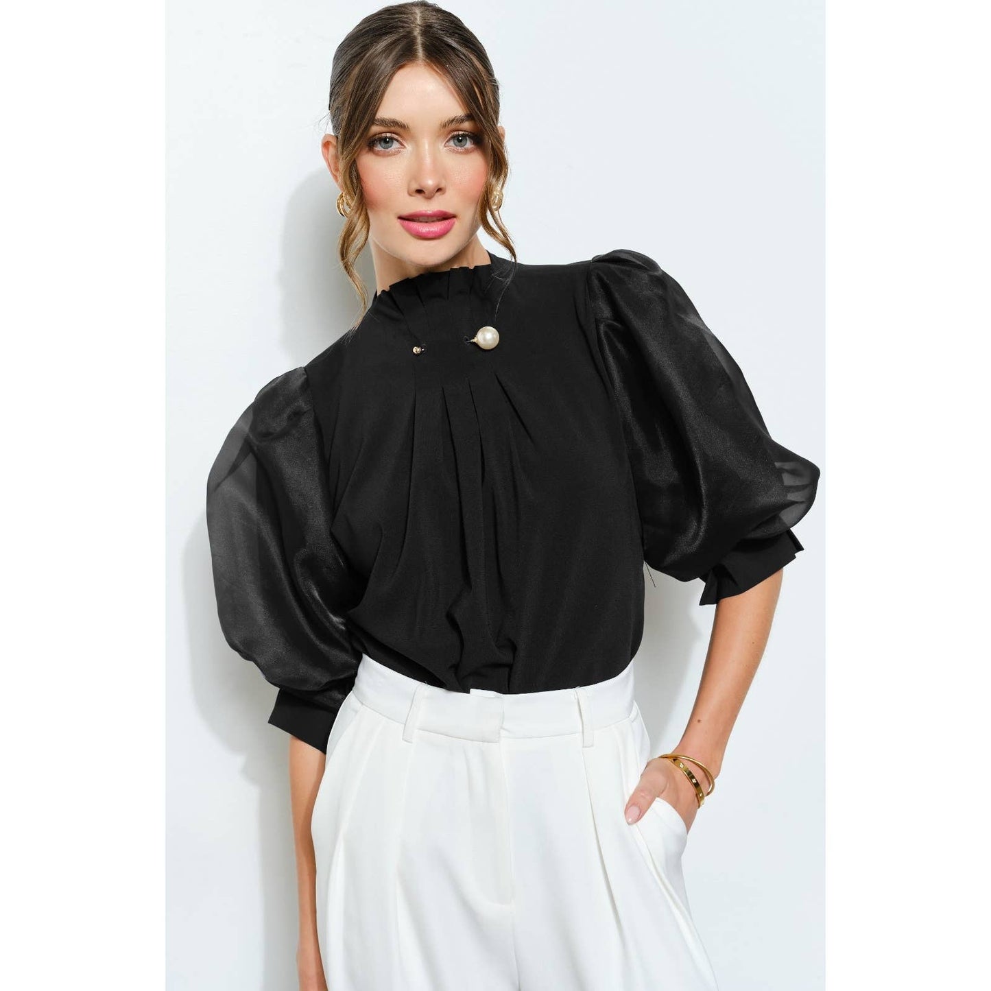 Pearl detail Sheer Puff Sleeve Pleated Blouse