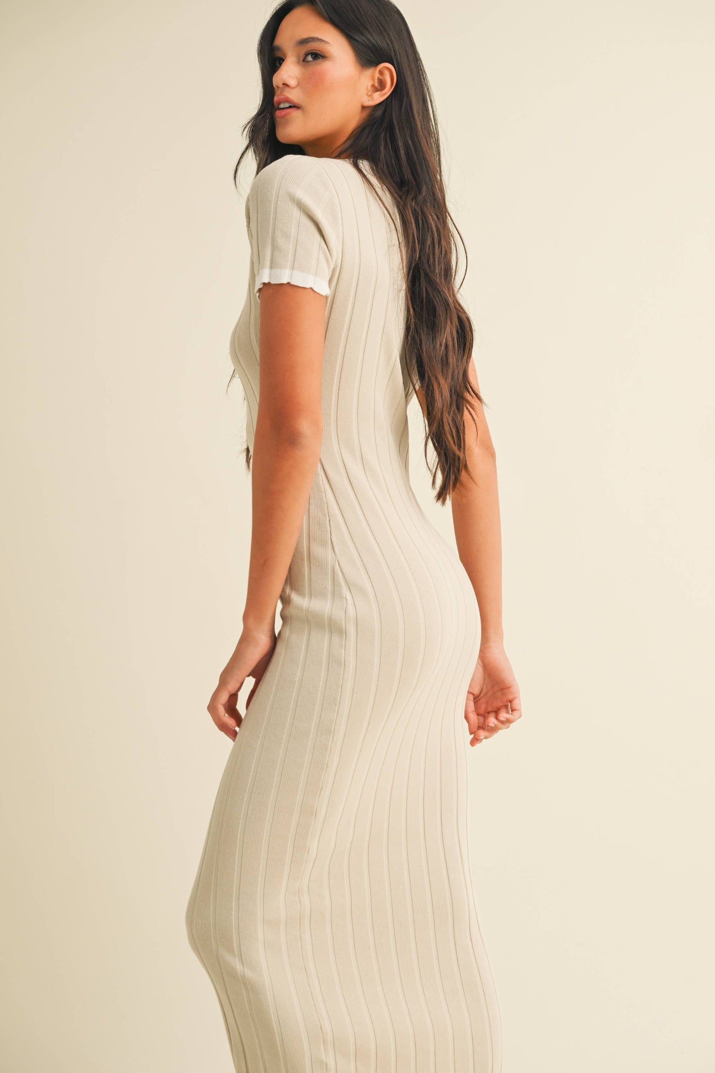 ID9143 SHORT SLEEVE SWEATER KNIT RIB MIDI DRESS