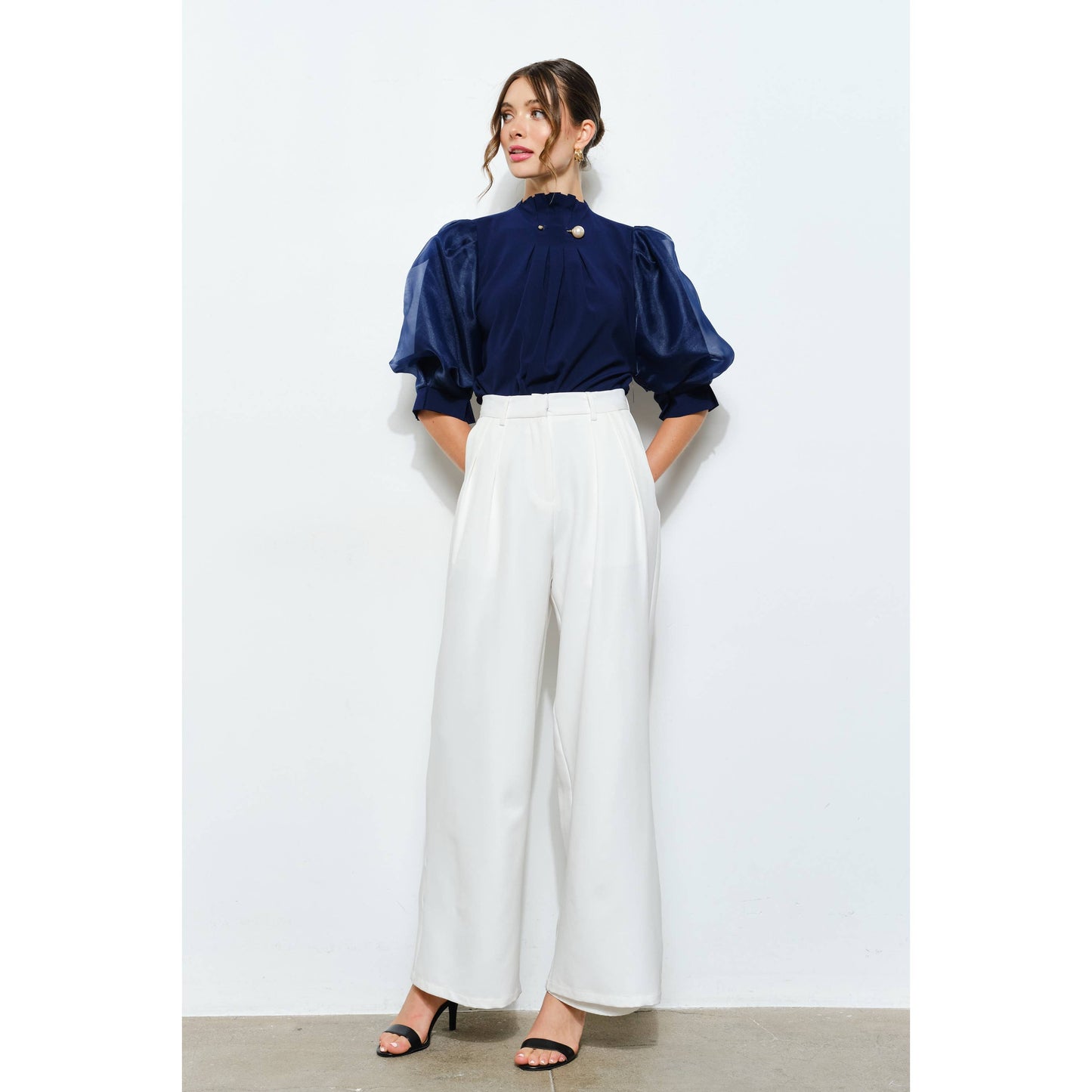 Pearl detail Sheer Puff Sleeve Pleated Blouse
