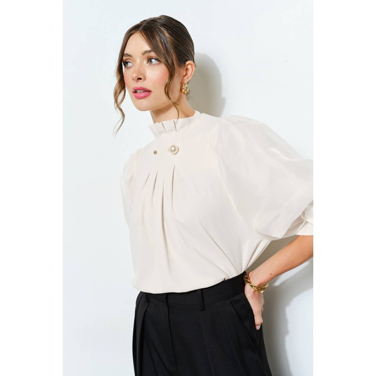 Pearl detail Sheer Puff Sleeve Pleated Blouse
