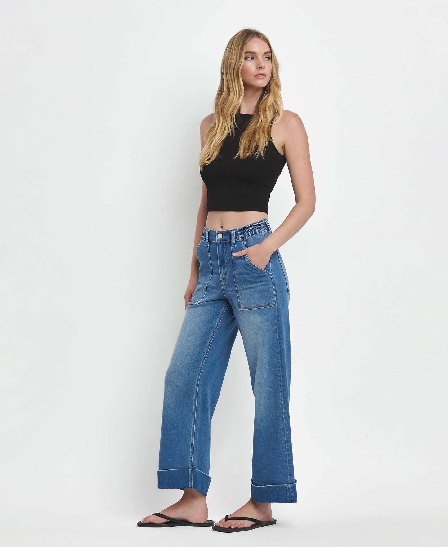 HIGH RISE DOUBLE CUFFED BAGGY WIDE JEANS