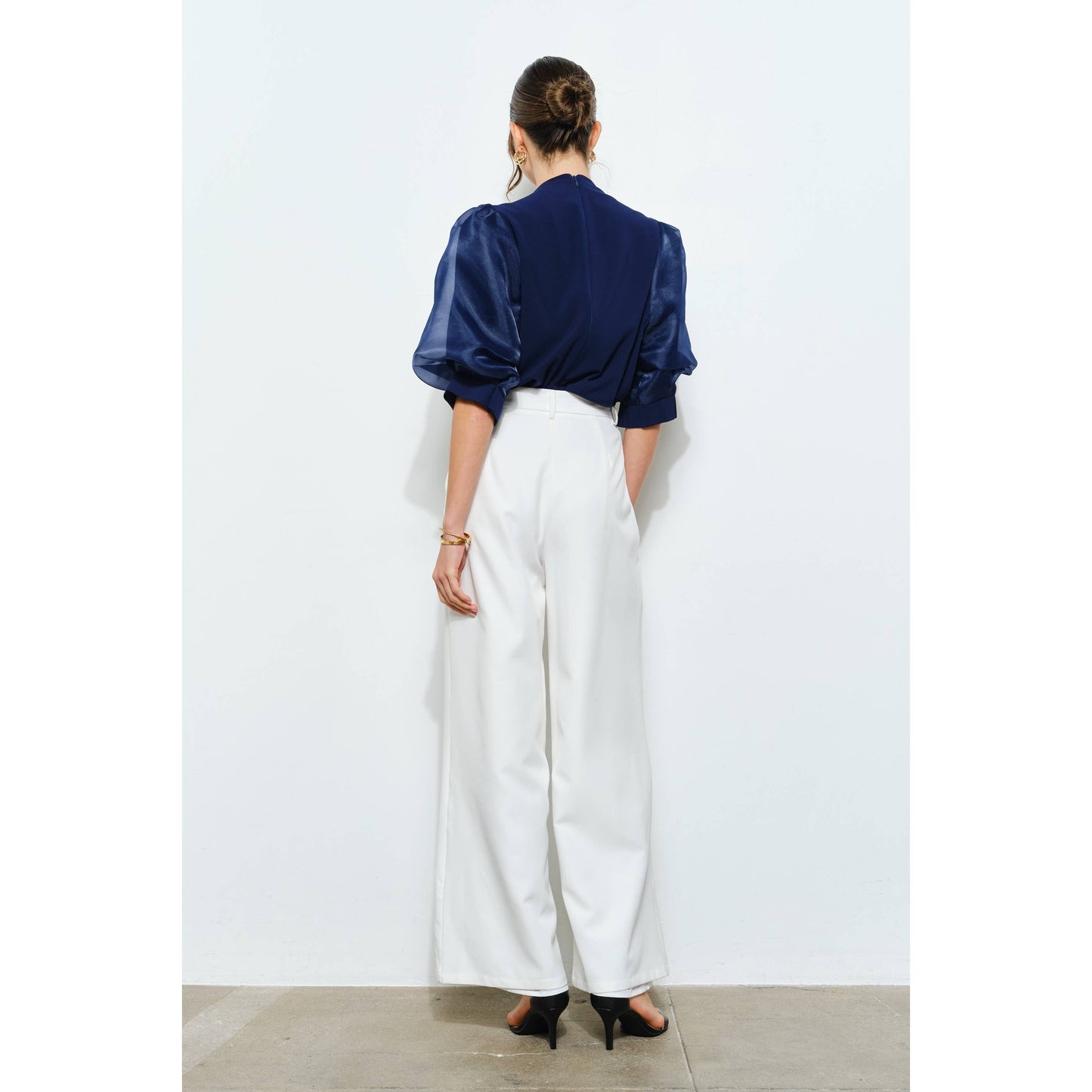 Pearl detail Sheer Puff Sleeve Pleated Blouse