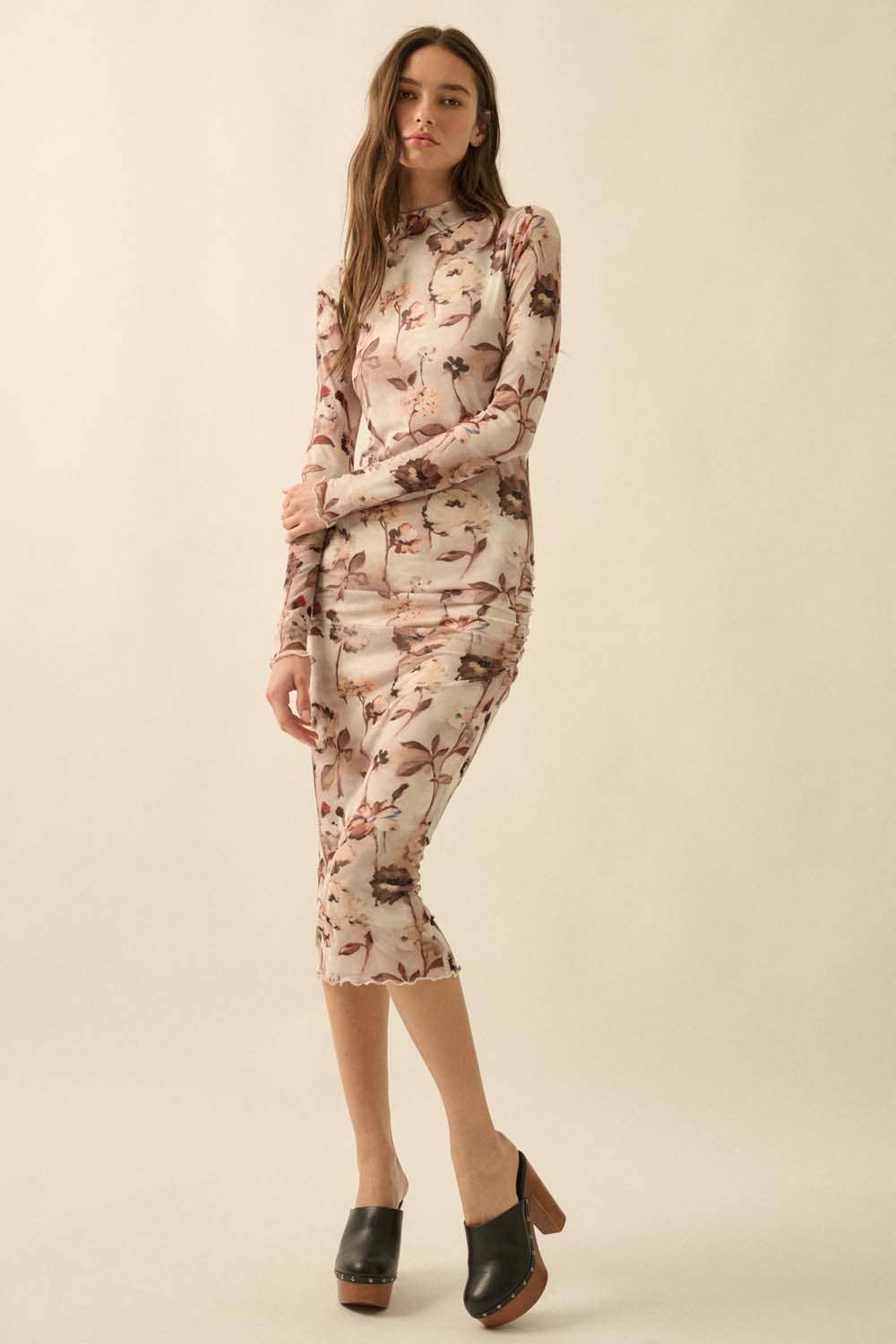 Floral-Print Mesh Mock-Neck Long-Sleeve Midi Dress