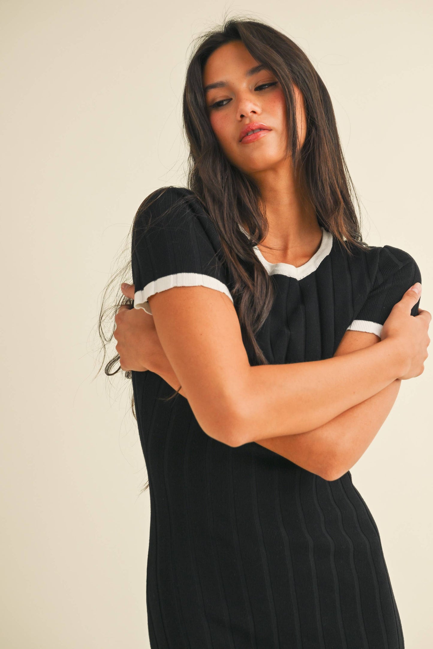 ID9143 SHORT SLEEVE SWEATER KNIT RIB MIDI DRESS
