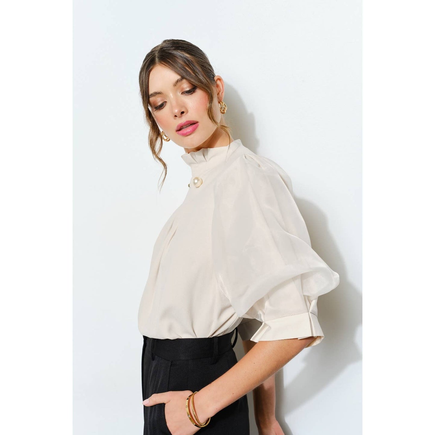 Pearl detail Sheer Puff Sleeve Pleated Blouse