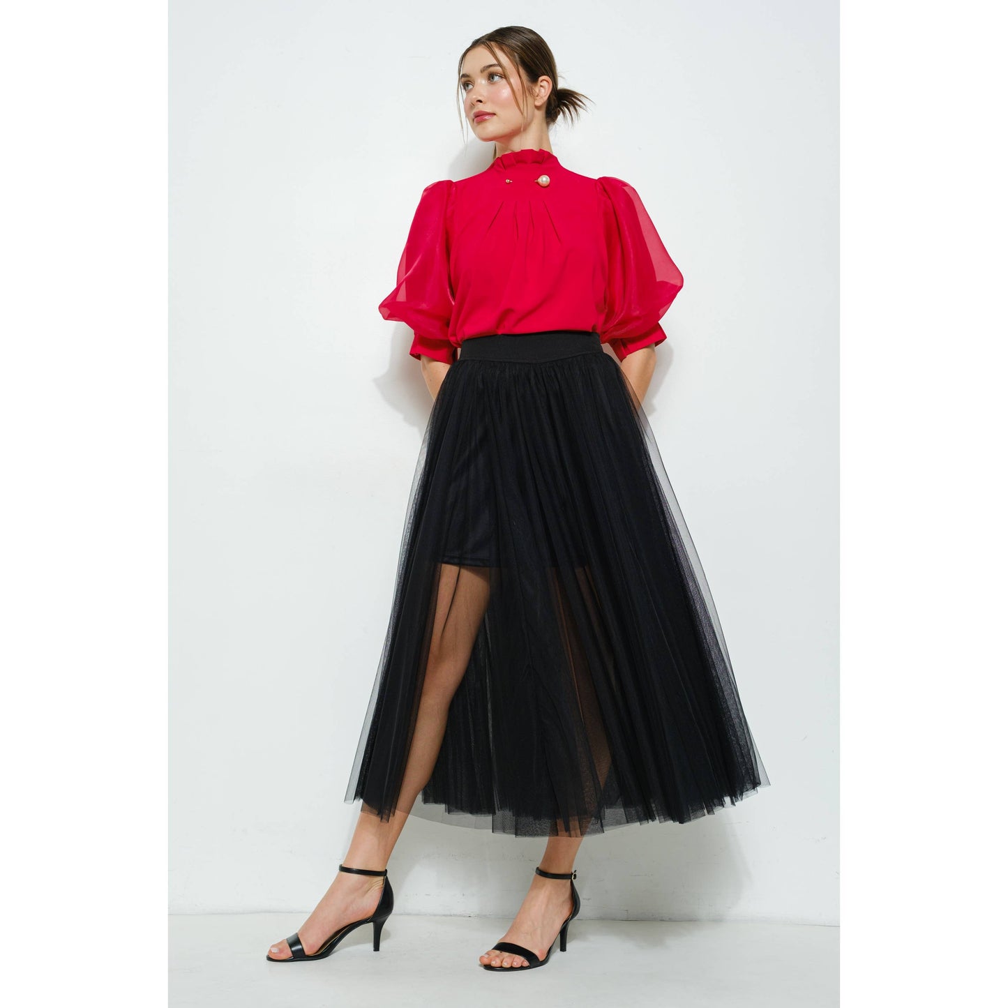 Pearl detail Sheer Puff Sleeve Pleated Blouse
