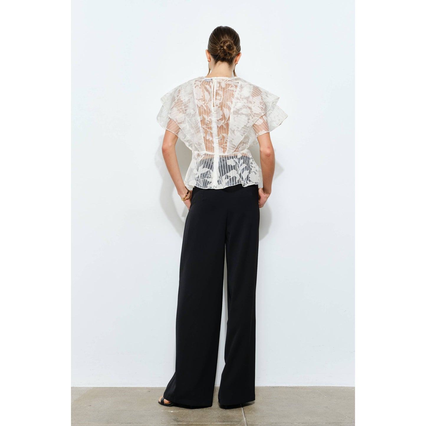 Sheer Floral Stripe Print Ruffle Blouse