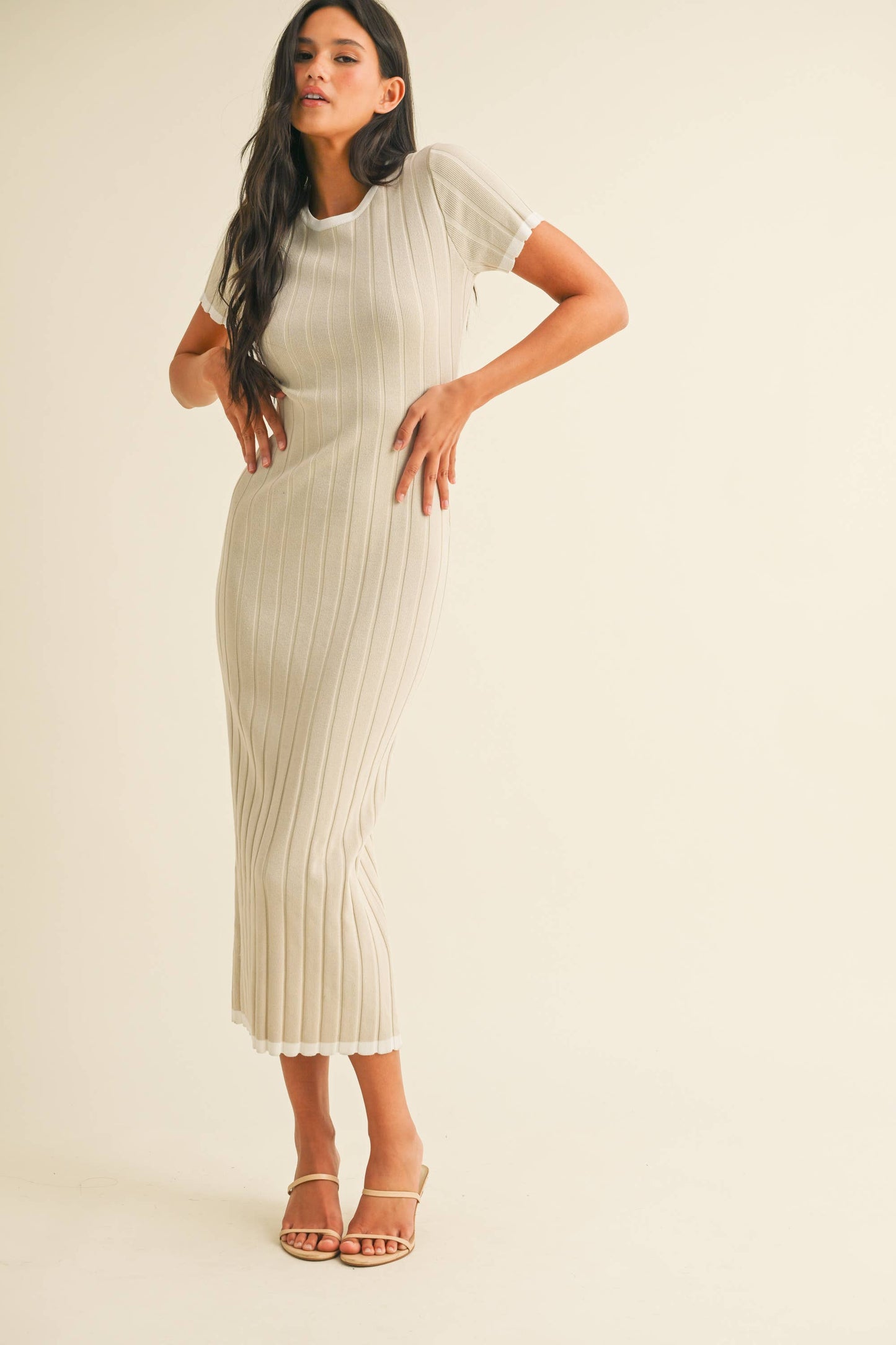 ID9143 SHORT SLEEVE SWEATER KNIT RIB MIDI DRESS