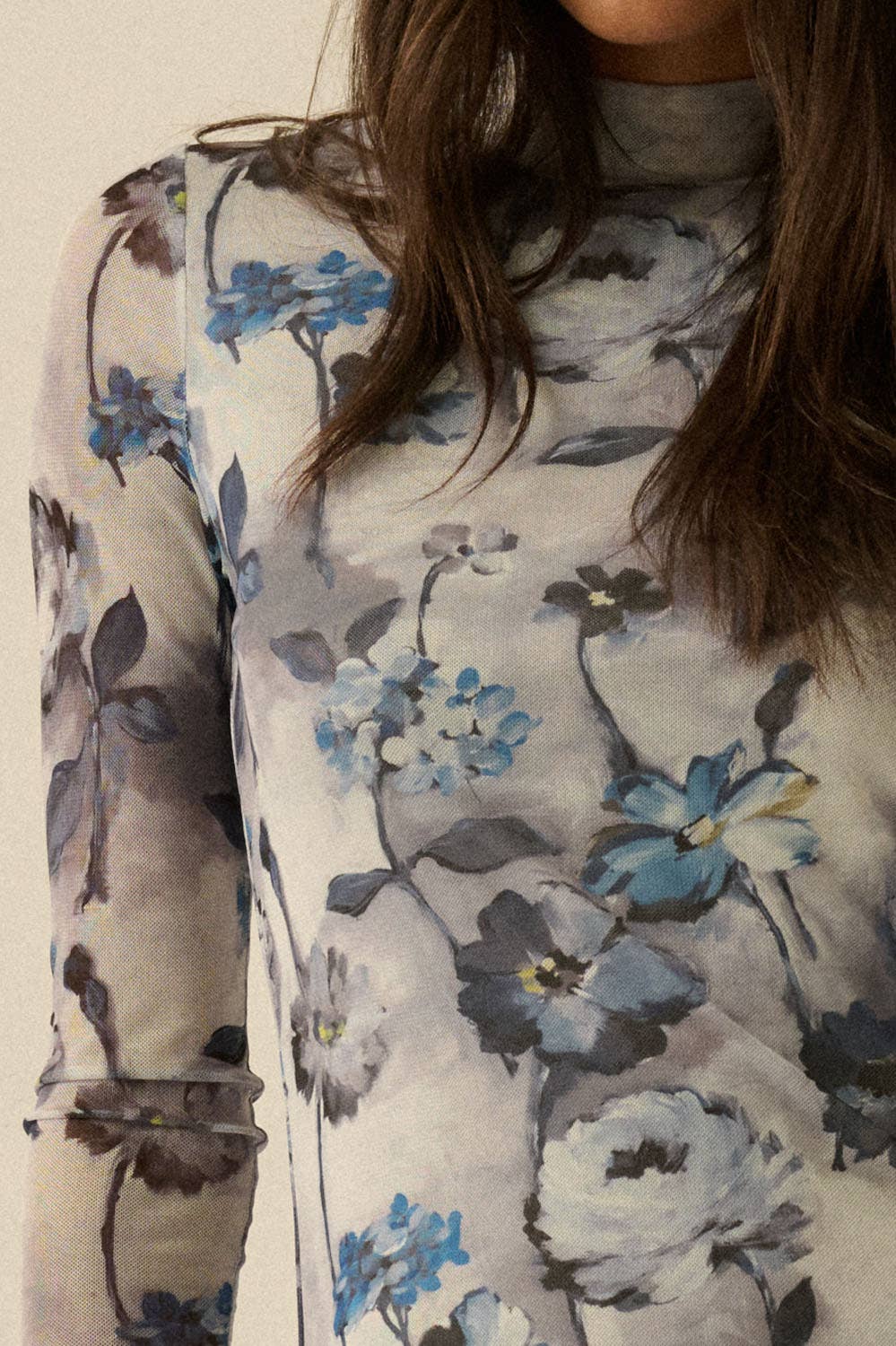 Floral-Print Mesh Mock-Neck Long-Sleeve Midi Dress