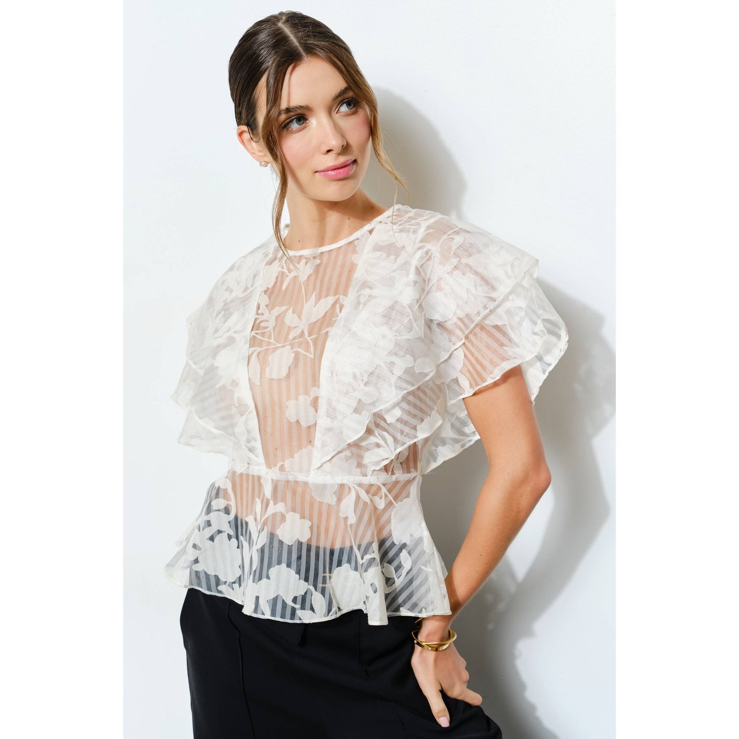 Sheer Floral Stripe Print Ruffle Blouse