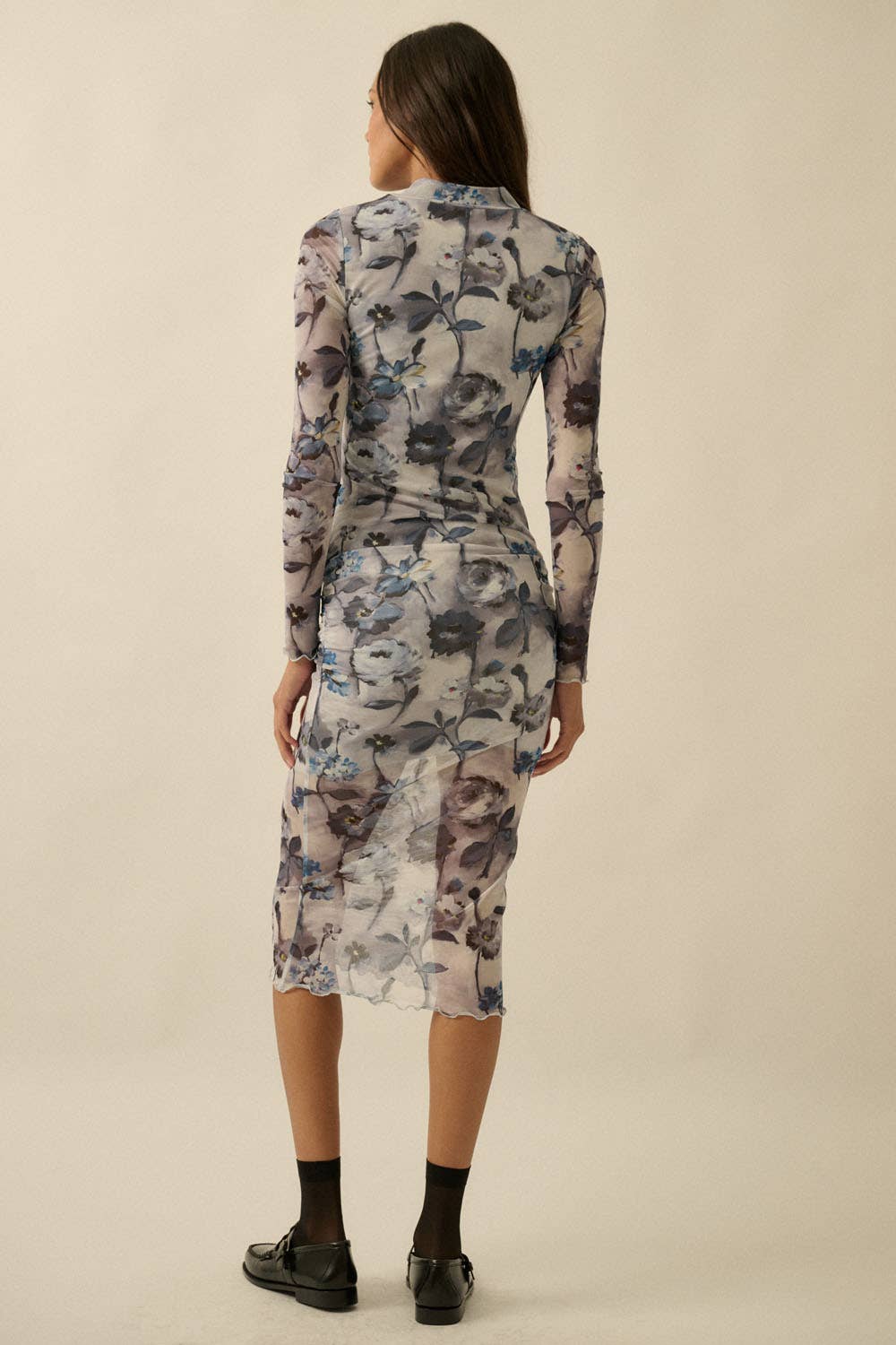 Floral-Print Mesh Mock-Neck Long-Sleeve Midi Dress
