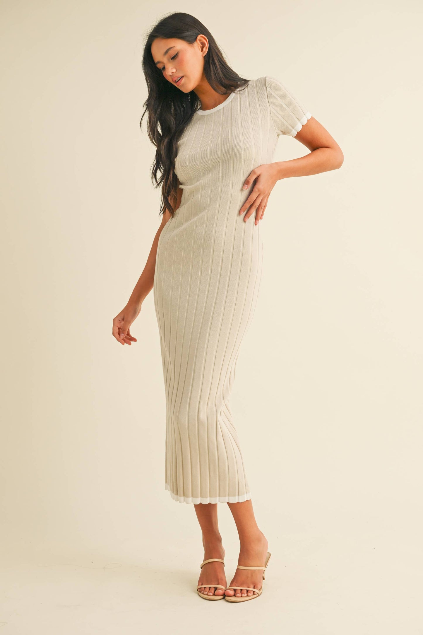 ID9143 SHORT SLEEVE SWEATER KNIT RIB MIDI DRESS