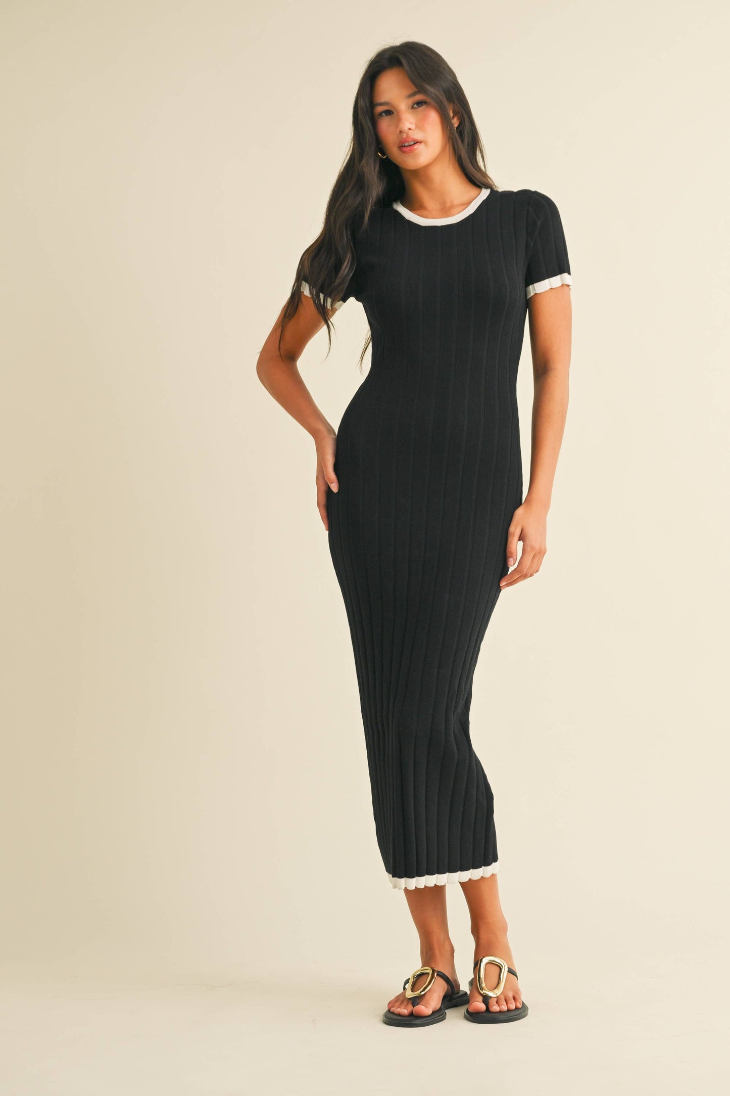 ID9143 SHORT SLEEVE SWEATER KNIT RIB MIDI DRESS