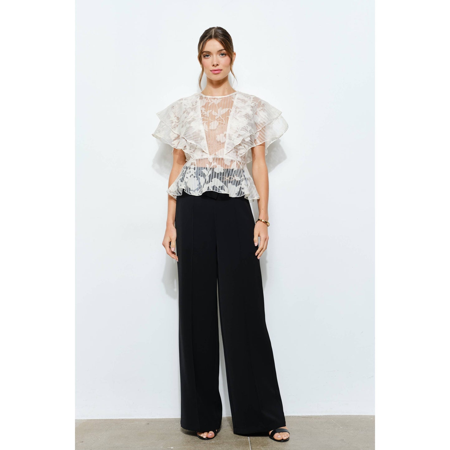 Sheer Floral Stripe Print Ruffle Blouse