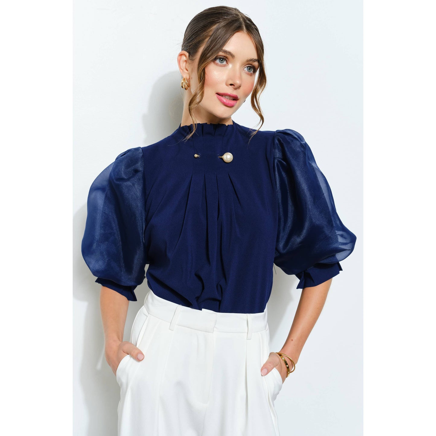 Pearl detail Sheer Puff Sleeve Pleated Blouse