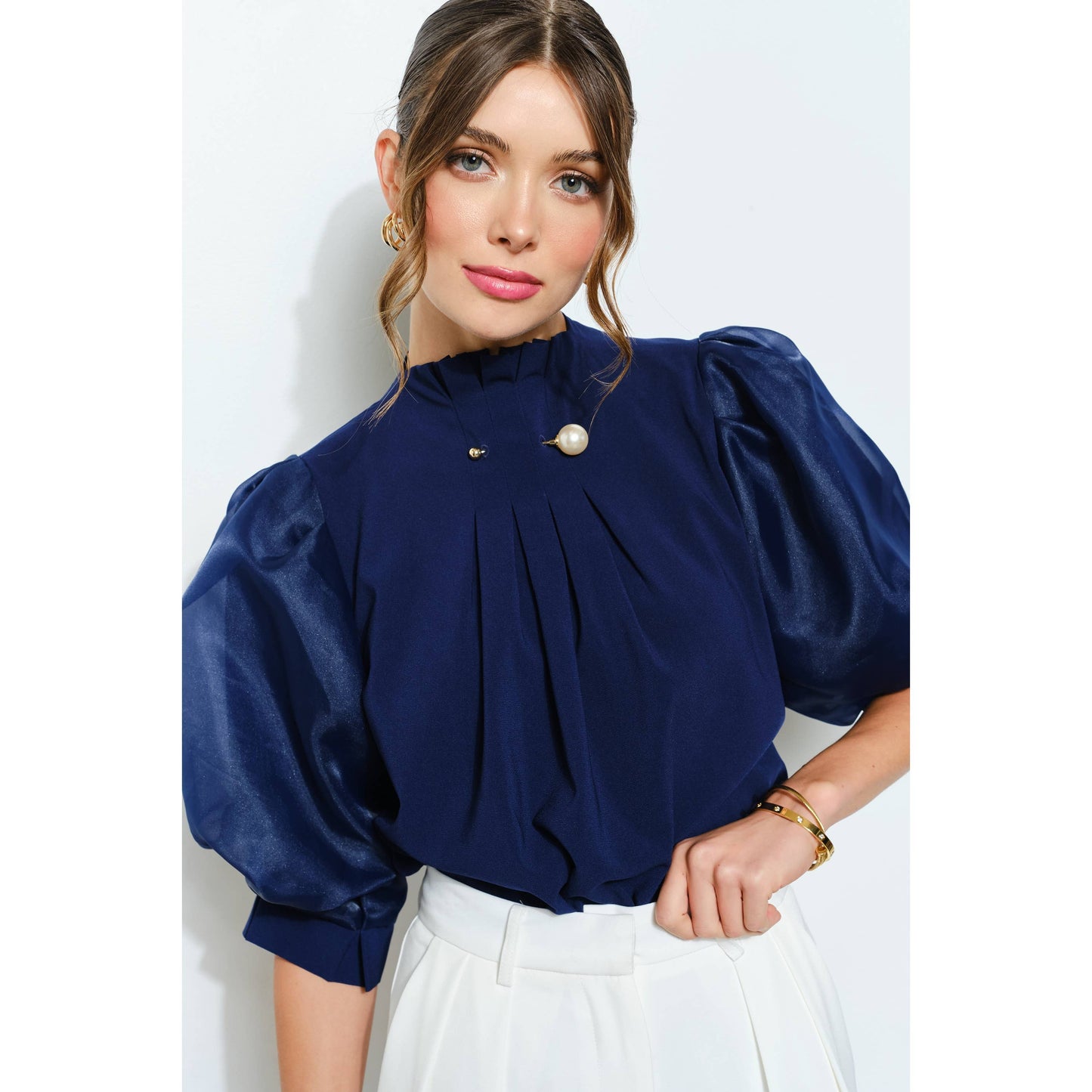 Pearl detail Sheer Puff Sleeve Pleated Blouse