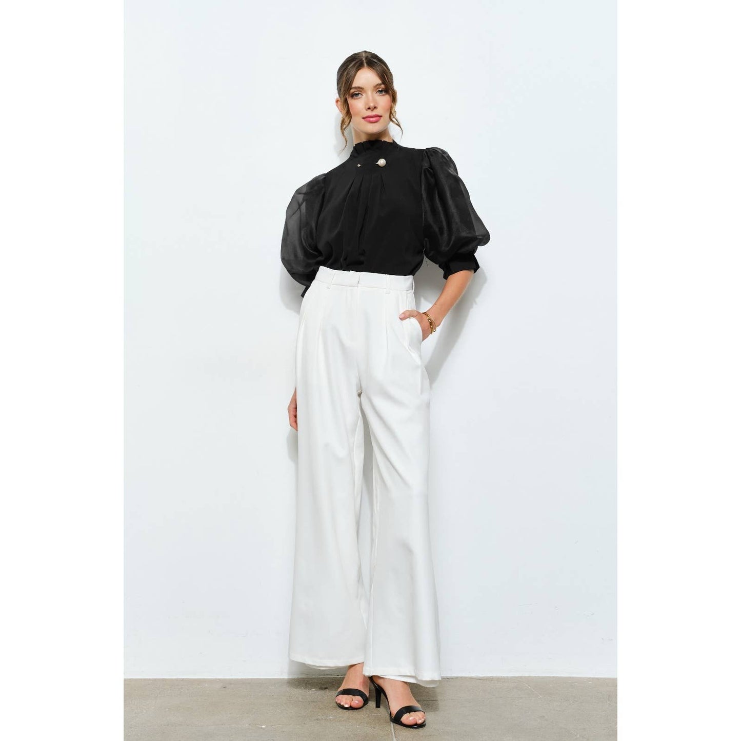 Pearl detail Sheer Puff Sleeve Pleated Blouse