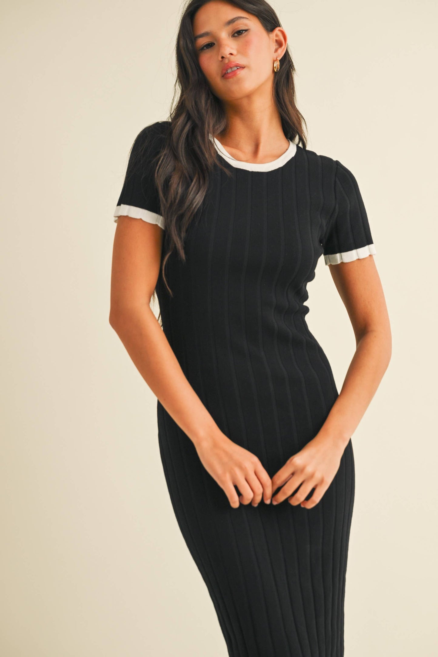 ID9143 SHORT SLEEVE SWEATER KNIT RIB MIDI DRESS