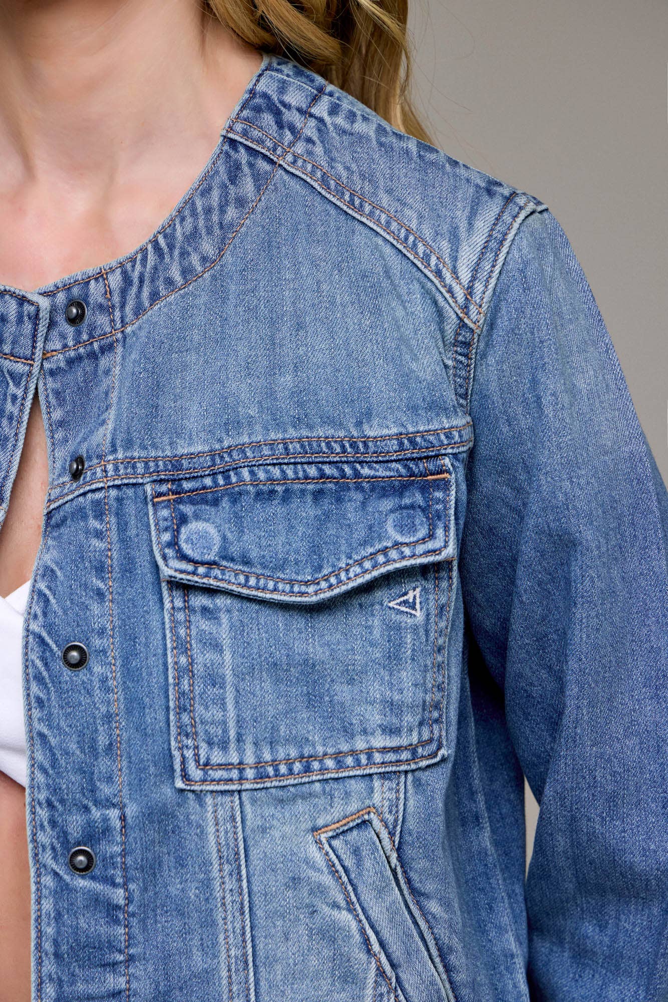 Medium Light Collarless Trucker Jacket