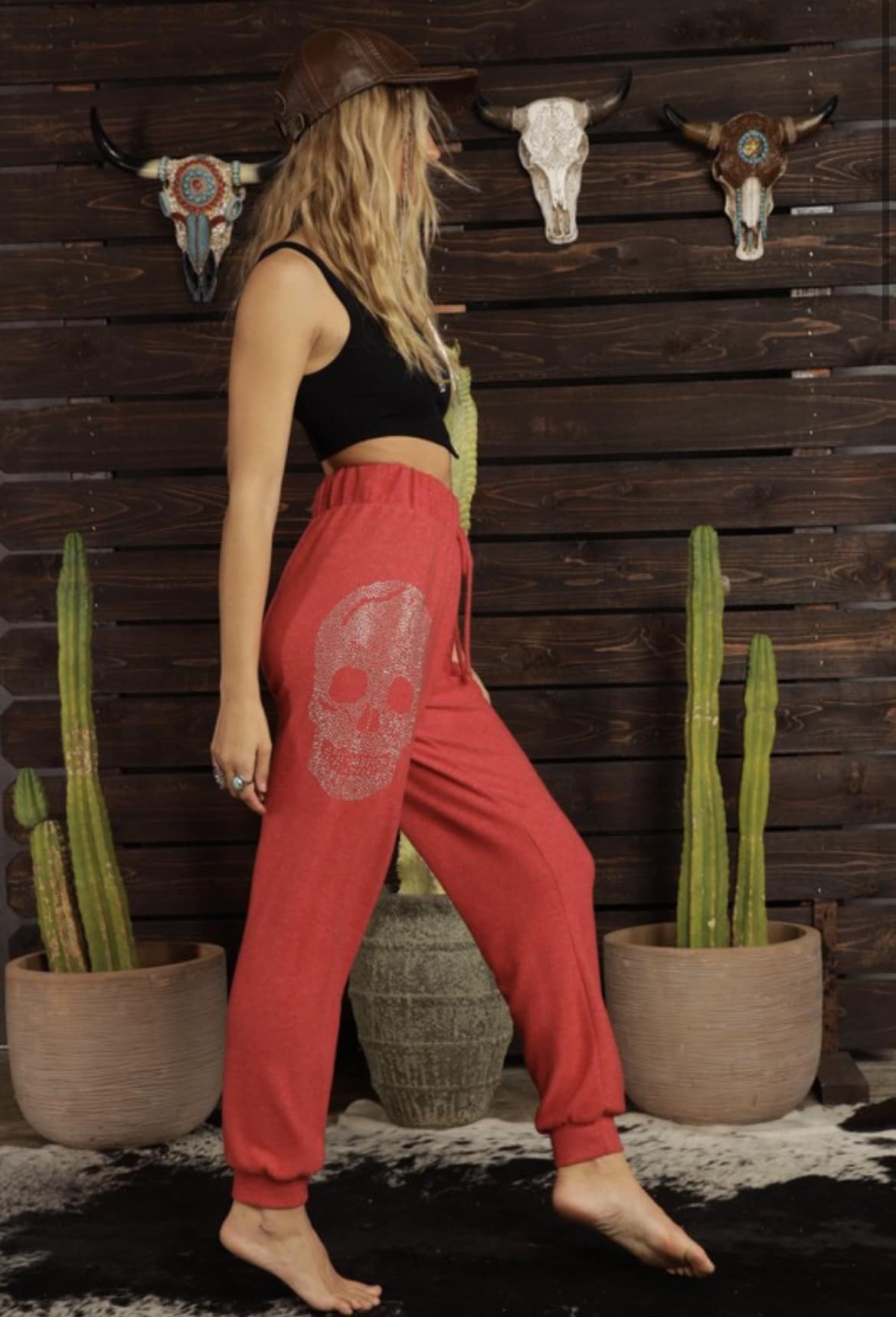 Red Hacci Studded Skull Pants