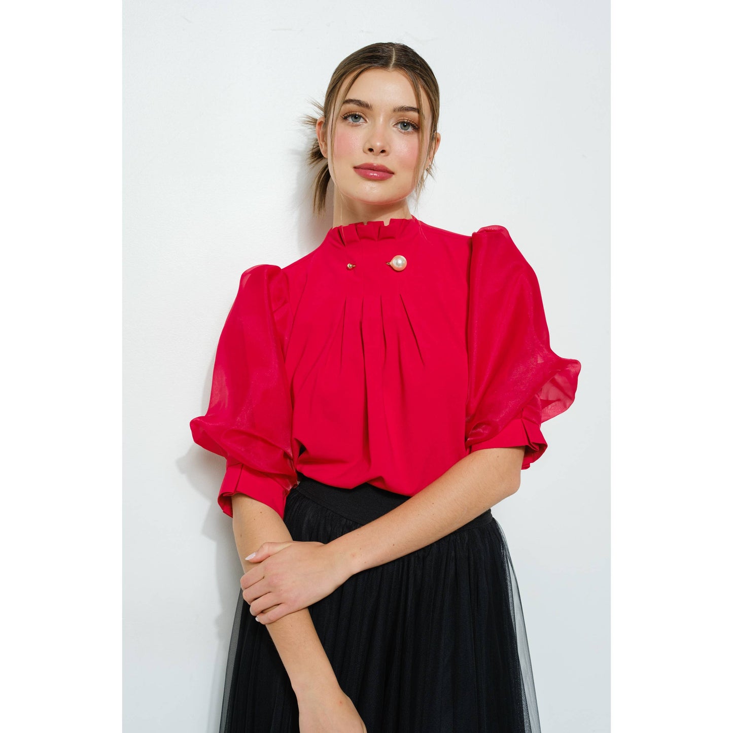 Pearl detail Sheer Puff Sleeve Pleated Blouse