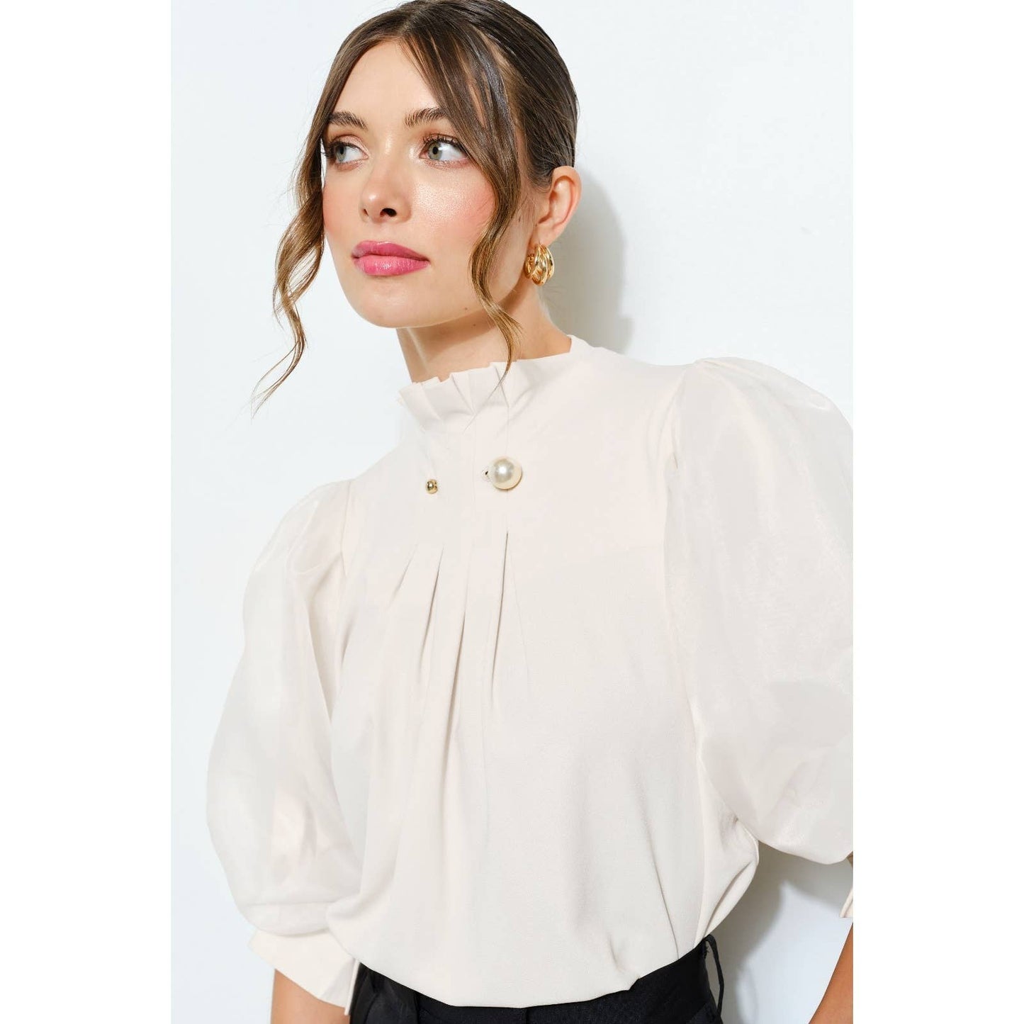 Pearl detail Sheer Puff Sleeve Pleated Blouse