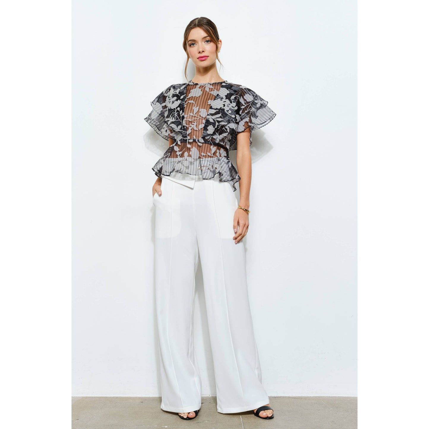 Sheer Floral Stripe Print Ruffle Blouse