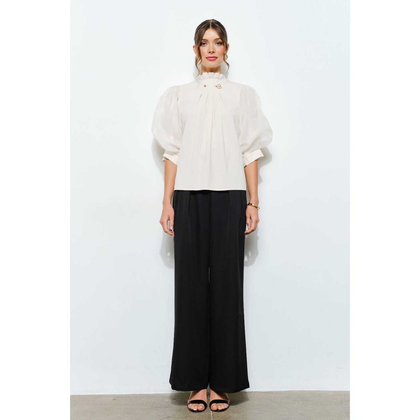 Pearl detail Sheer Puff Sleeve Pleated Blouse