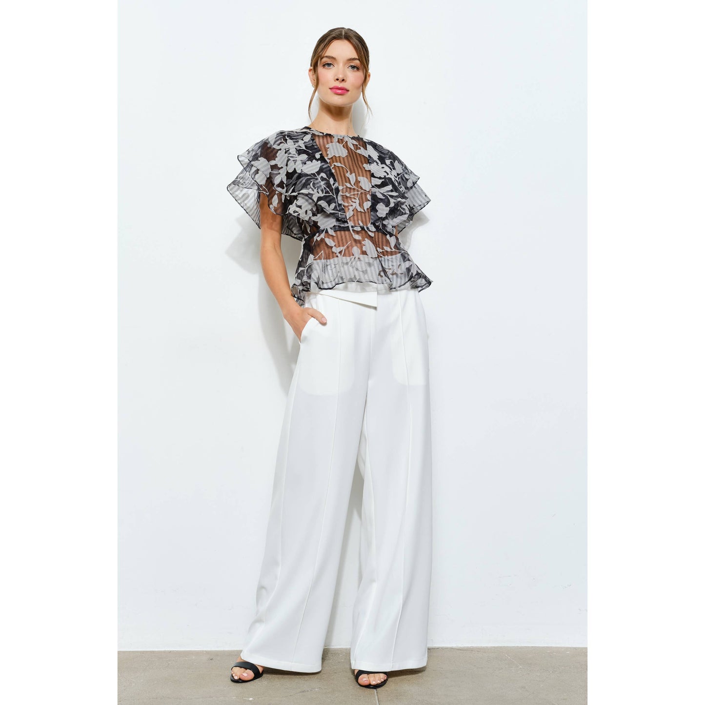 Sheer Floral Stripe Print Ruffle Blouse