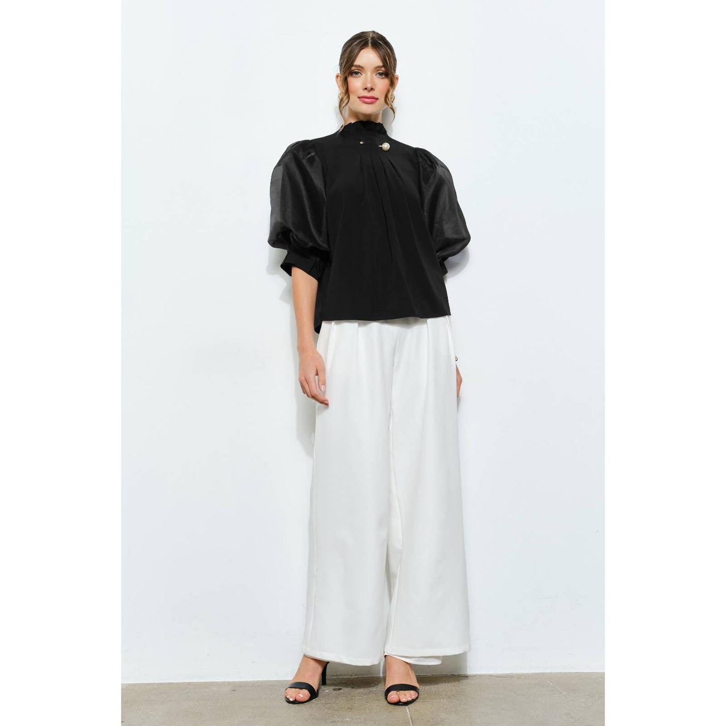 Pearl detail Sheer Puff Sleeve Pleated Blouse