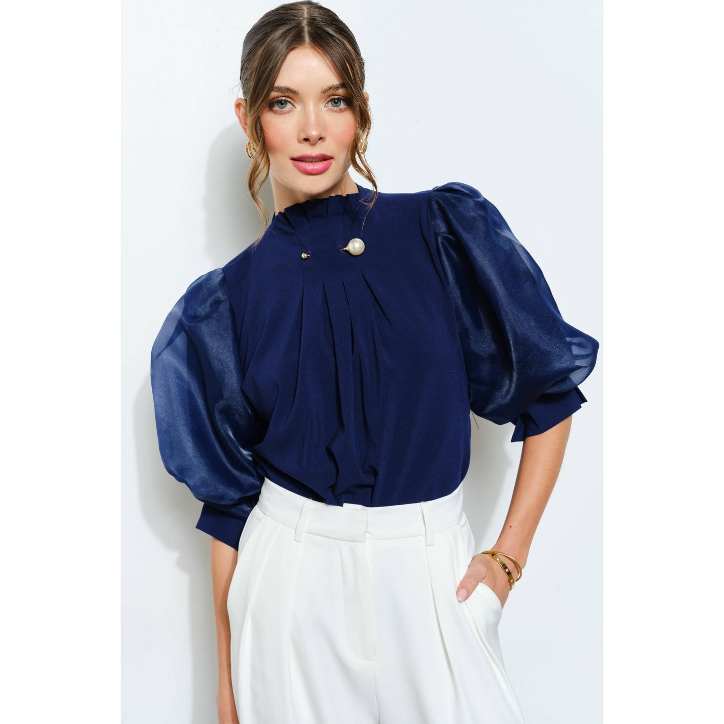 Pearl detail Sheer Puff Sleeve Pleated Blouse