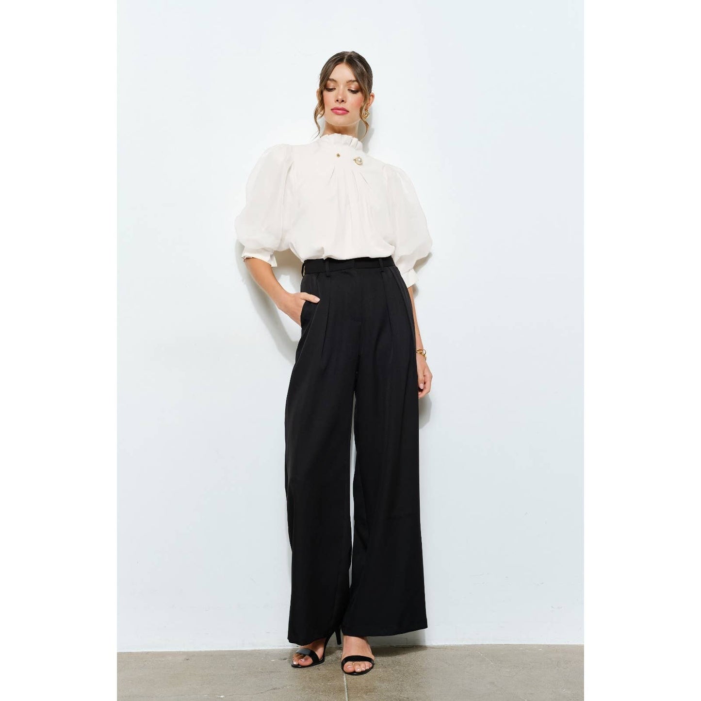 Pearl detail Sheer Puff Sleeve Pleated Blouse