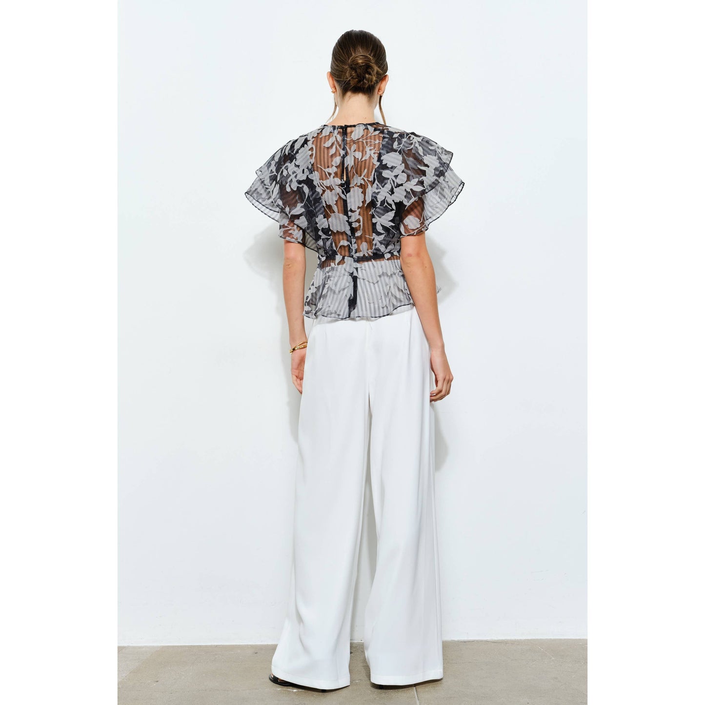 Sheer Floral Stripe Print Ruffle Blouse